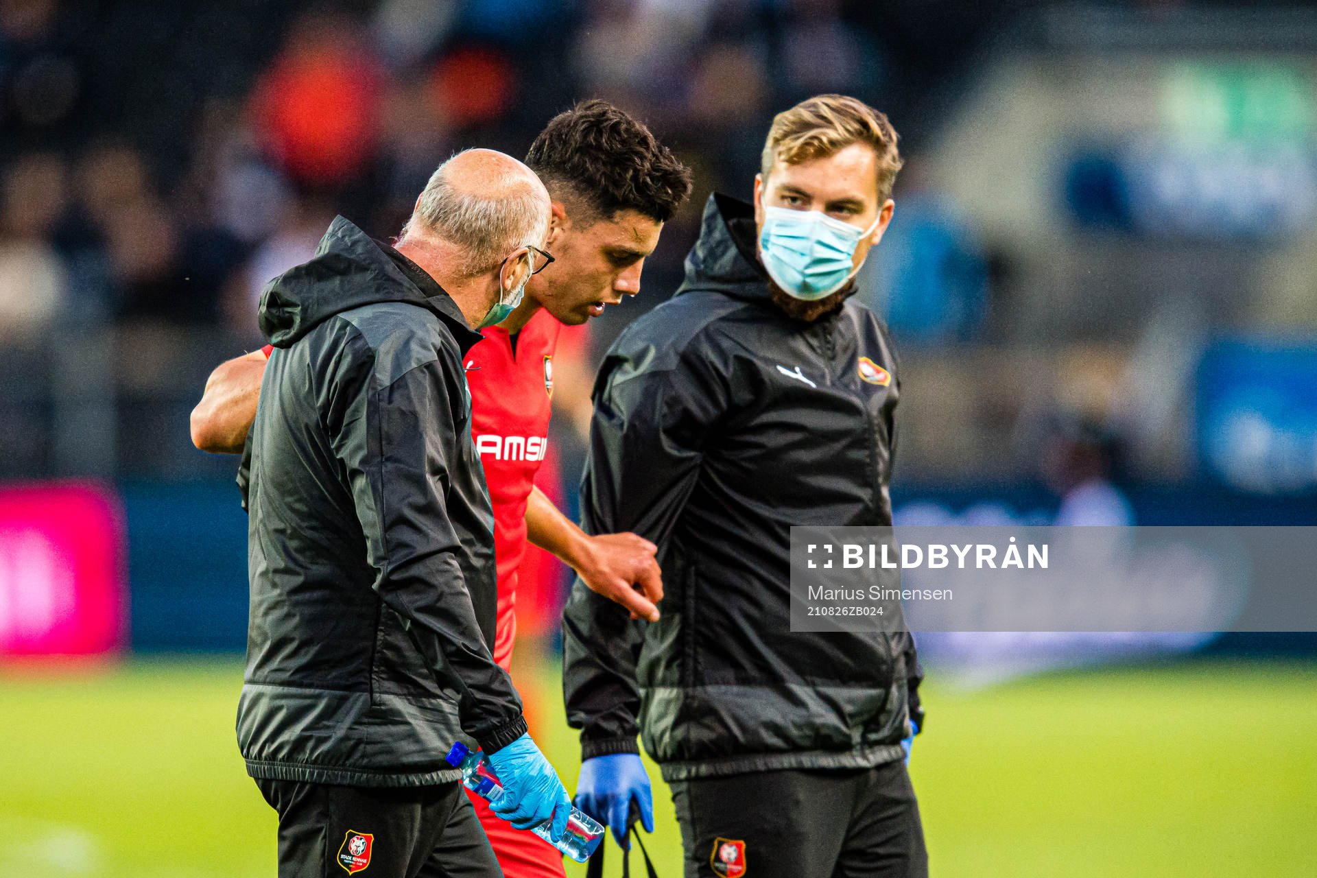 Matthis Abline of Rennes leaves the pitch with an injury during the UEFA Europa Conference League match between Rosenborg and Rennes on August 26, 2021 in Trondheim.