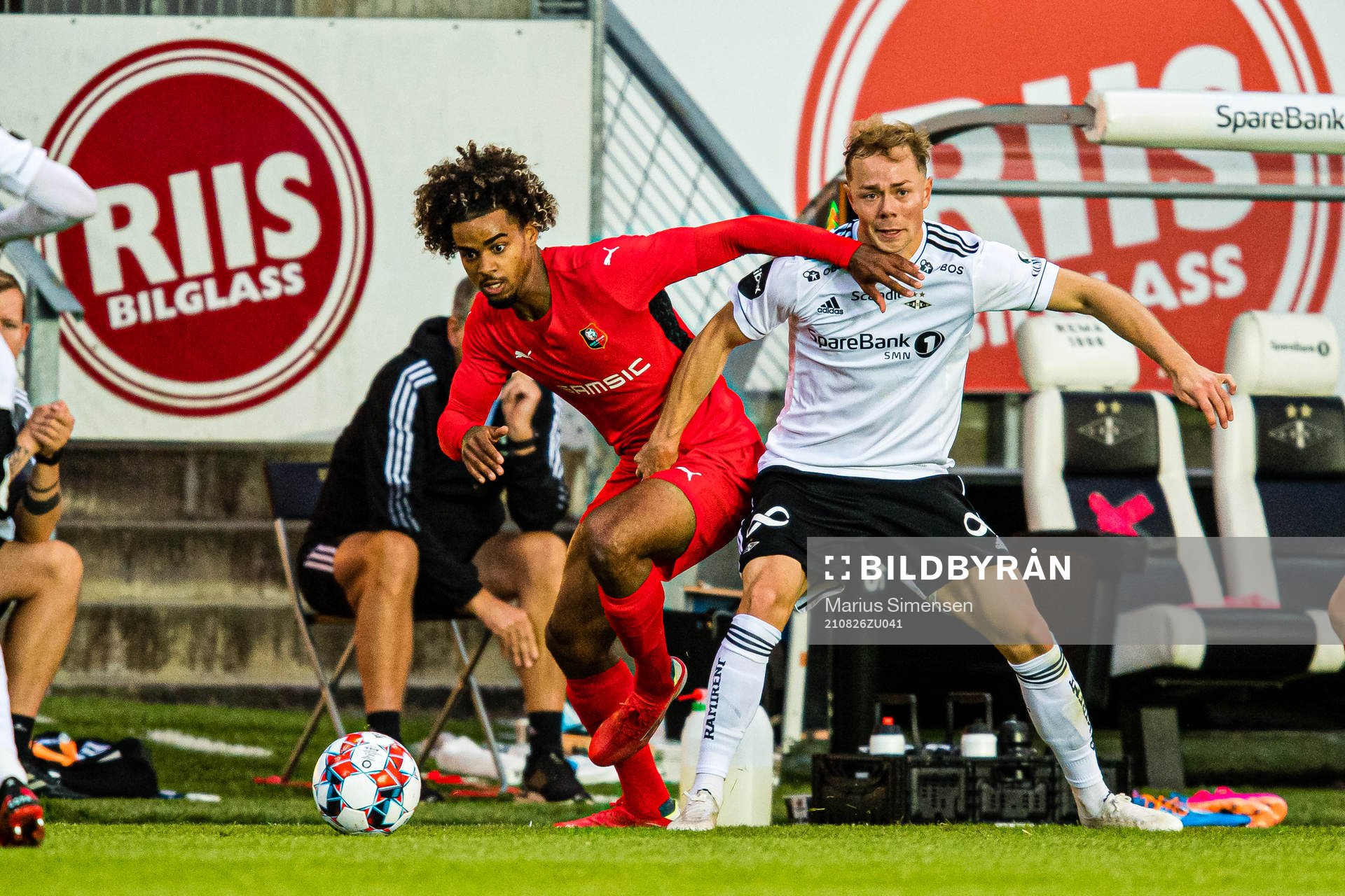 Lorenz Assignon of Rennes and Carl Adam Andersson of Rosenborg during the UEFA Europa Conference League match between Rosenborg and Rennes on August 26, 2021 in Trondheim.