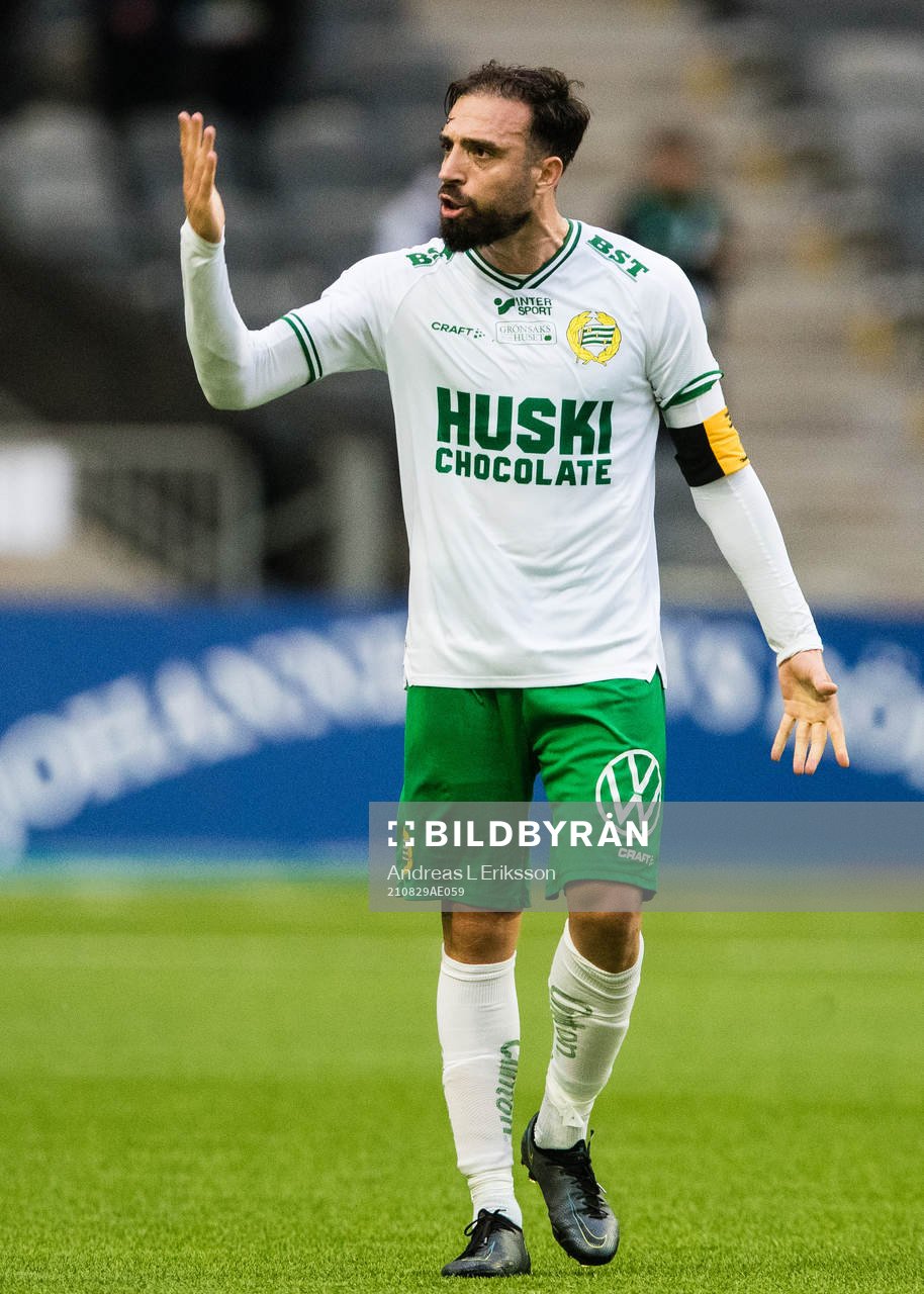 Hammarbys Abdul Khalili jublar efter fotbollsmatchen i Allsvenskan mellan Hammarby och Malmö FF den 29 augusti 2021 i Stockholm. 