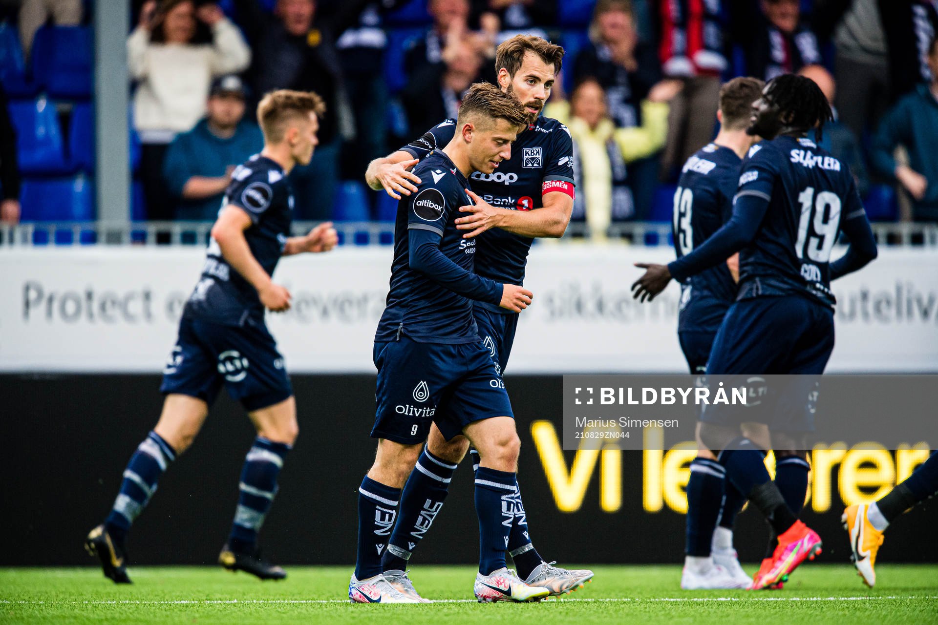 Agon Mucolli of Kristiansund celebrates after scoring the 2-0 goal during the Eliteserien match between Kristiansund and Molde on August 29, 2021 in Kristiansund.