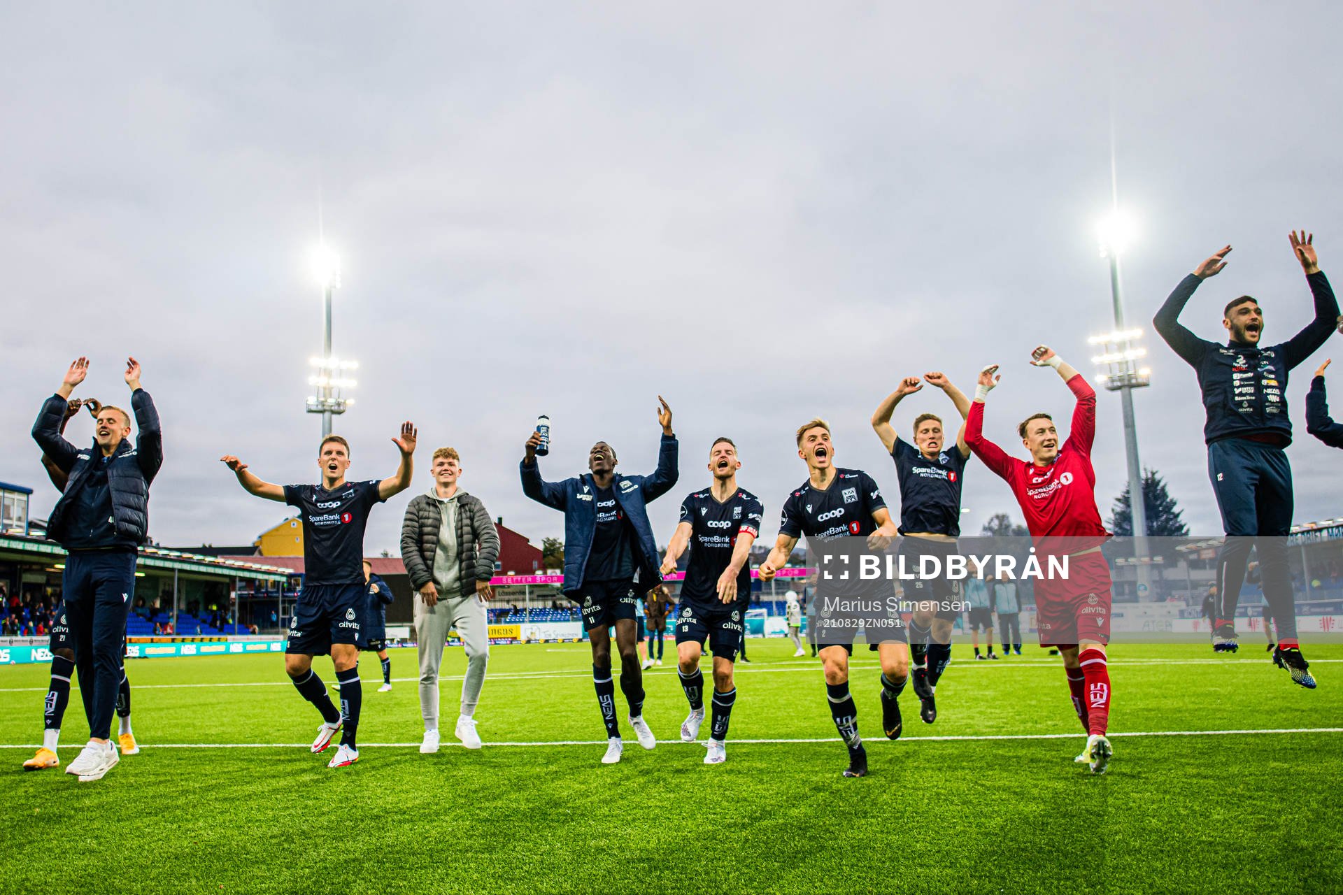 Andreas Eines Hopmark, Moses Dramwi Mawa, Bendik Bye, Snorre Strand Nilsen, Torgil Øwre Gjertsen of Kristiansund and Sean Mcdermott of Kristiansund celebrates after the Eliteserien match between Kristiansund and Molde on August 29, 2021 in Kristiansund.