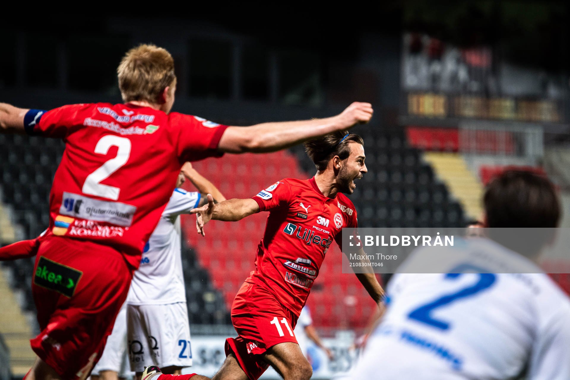 Värnamos Edvin Becirovic jublar efter 1-2 under fotbollsmatchen i Superettan mellan Akropolis och Värnamo den 30 augusti 2021 i Stockholm. 