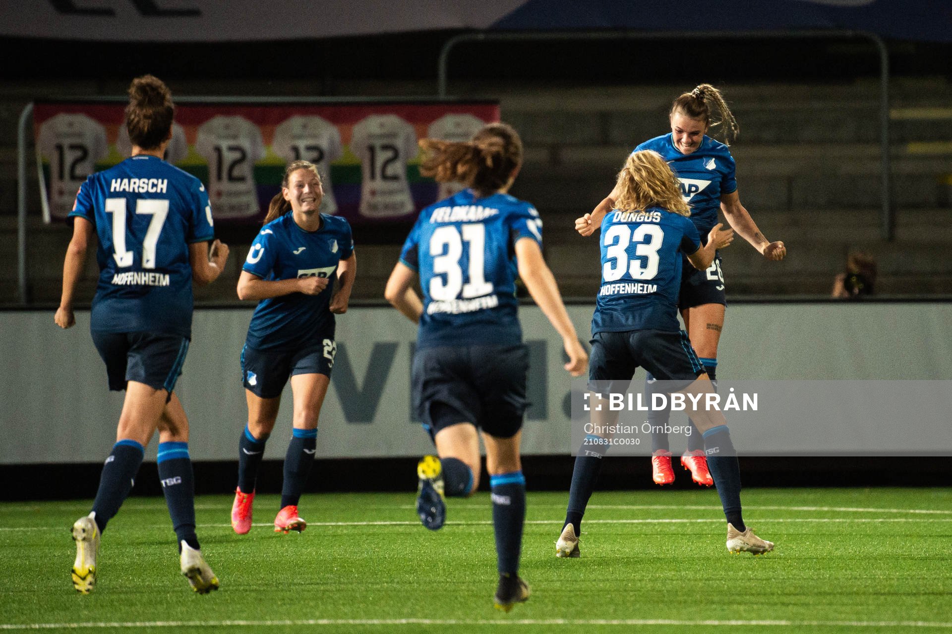 Laura Wienroither of Hoffenheim celebrate with teammates after the 0-2 goal during the UEFA Women's Champions League football match between Rosengård and Hoffenheim on August 31, 2021 in Malmö.