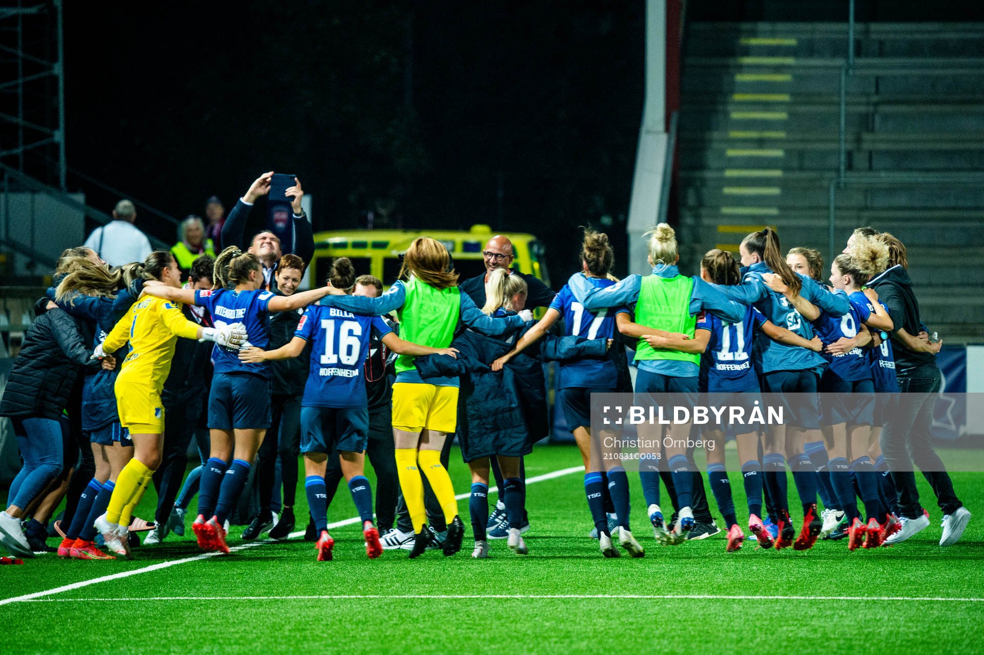 Hoffenheim celebrate after the 0-3 goal during the UEFA Women's Champions League football match between Rosengård and Hoffenheim on August 31, 2021 in Malmö.