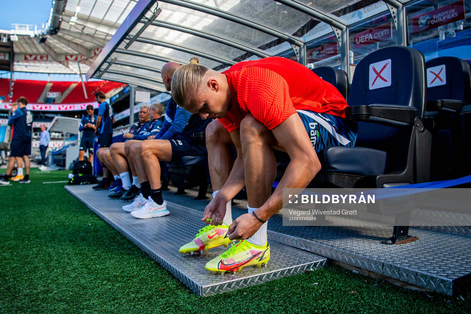 Erling Braut Haaland of the Norwegian national football team puts on his Nike boots ahead of a training session on August 31, 2021 in Oslo.