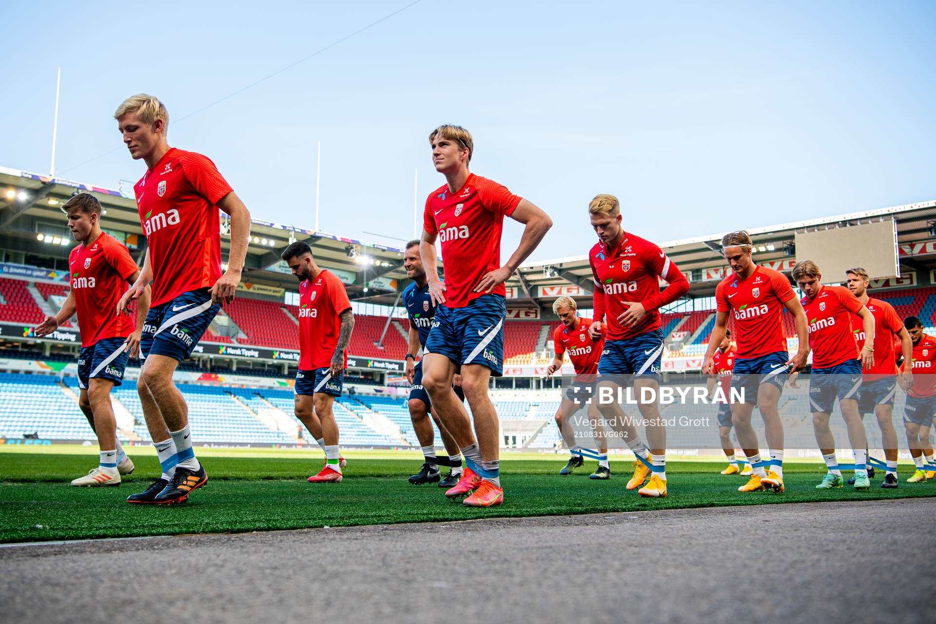 Birger Meling, Kristian Thorstvedt, Andreas Hanche-Olsen and Erik Botheim of the Norwegian national football team during a training session on August 31, 2021 in Oslo.
