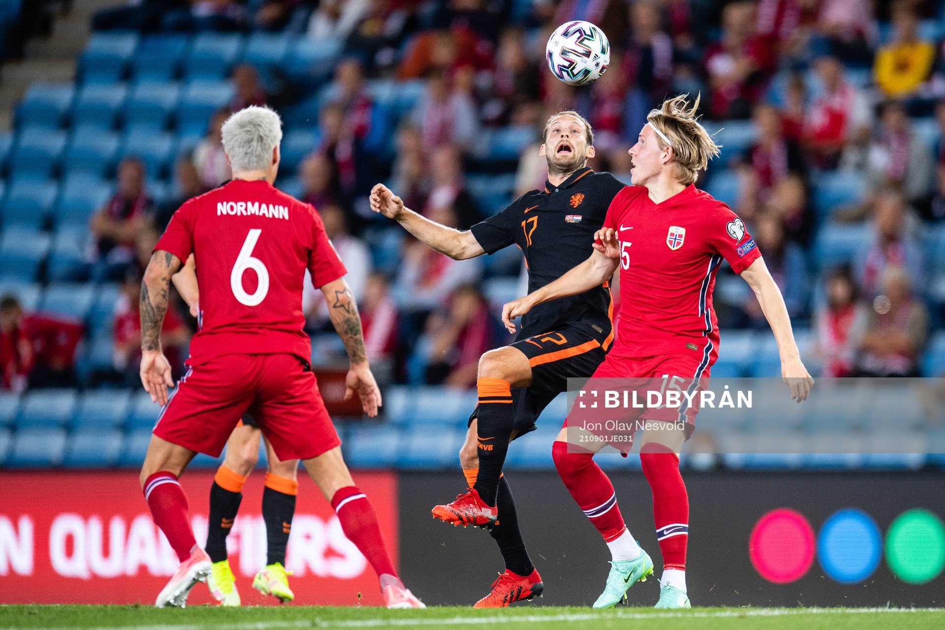 Daley Blind of Netherlands and Jens Petter Hauge of Norway