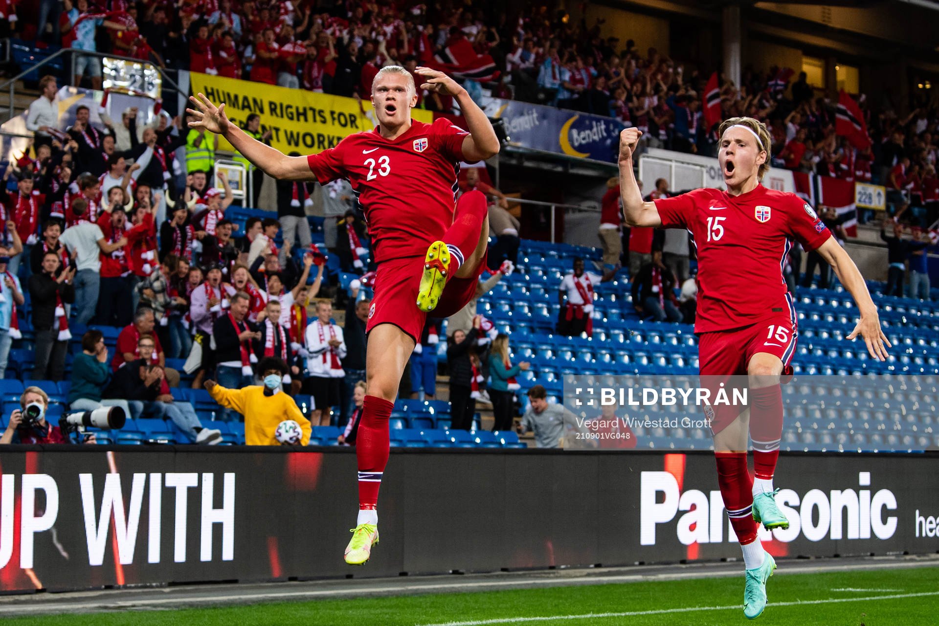 Erling Braut Haaland and Jens Petter Hauge of Norway celebrates 1-0 during the FIFA World Cup Qualifier football match between Norway and Netherlands on September 1, 2021 in Oslo.