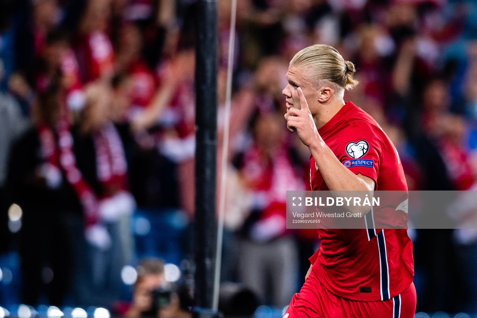 Erling Braut Haaland of Norway celebrates 1-0 during the FIFA World Cup Qualifier football match between Norway and Netherlands on September 1, 2021 in Oslo.