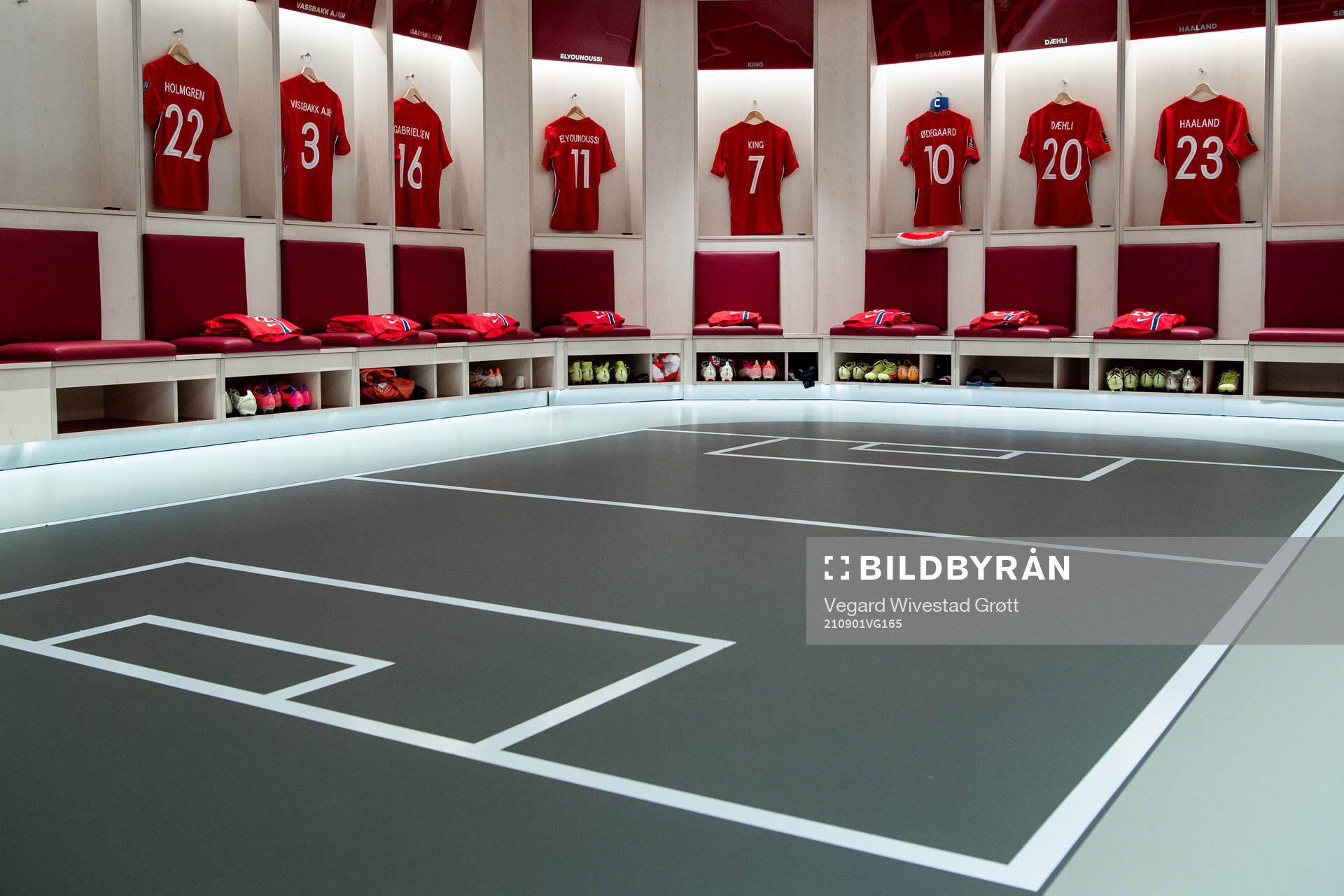The kits of Marcus Holmgren Pedersen, Kristoffer Ajer, Ruben Gabrielsen, Mohamed Elyounoussi, Joshua King, Martin Ødegaard, Mats Møller Dæhli and Erling Braut Haaland of Norway in the dressing room ahead of the FIFA World Cup Qualifier football match between Norway and Netherlands on September 1, 2021 in Oslo.