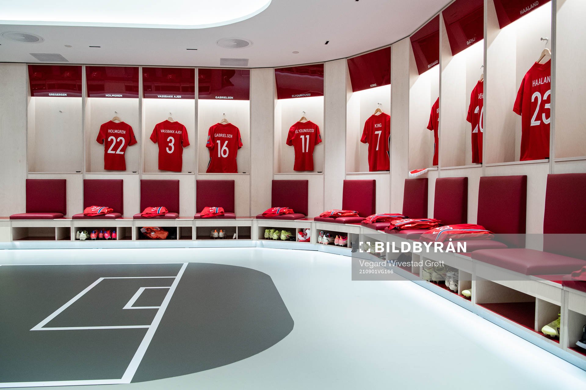 The kits of Marcus Holmgren Pedersen, Kristoffer Ajer, Ruben Gabrielsen, Mohamed Elyounoussi, Joshua King and Erling Braut Haaland of Norway in the dressing room ahead of the FIFA World Cup Qualifier football match between Norway and Netherlands on September 1, 2021 in Oslo. 