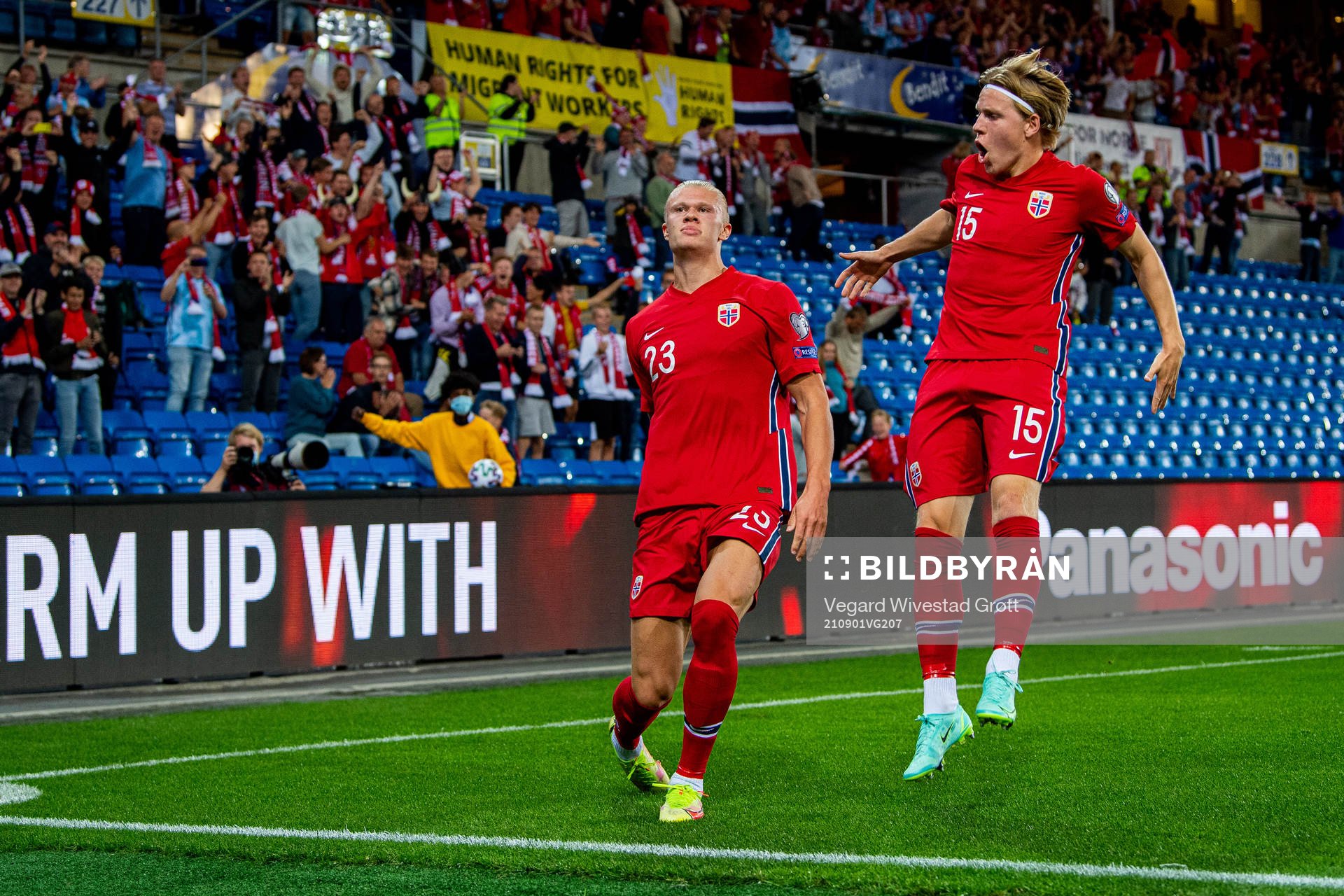 Erling Braut Haaland of Norway celebrates with teammate