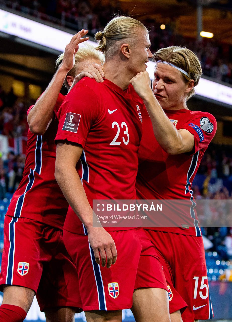 Erling Braut Haaland of Norway celebrates with teammate