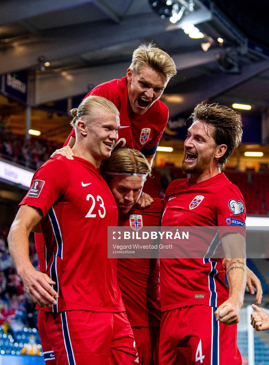 Erling Braut Haaland of Norway celebrates with teammates