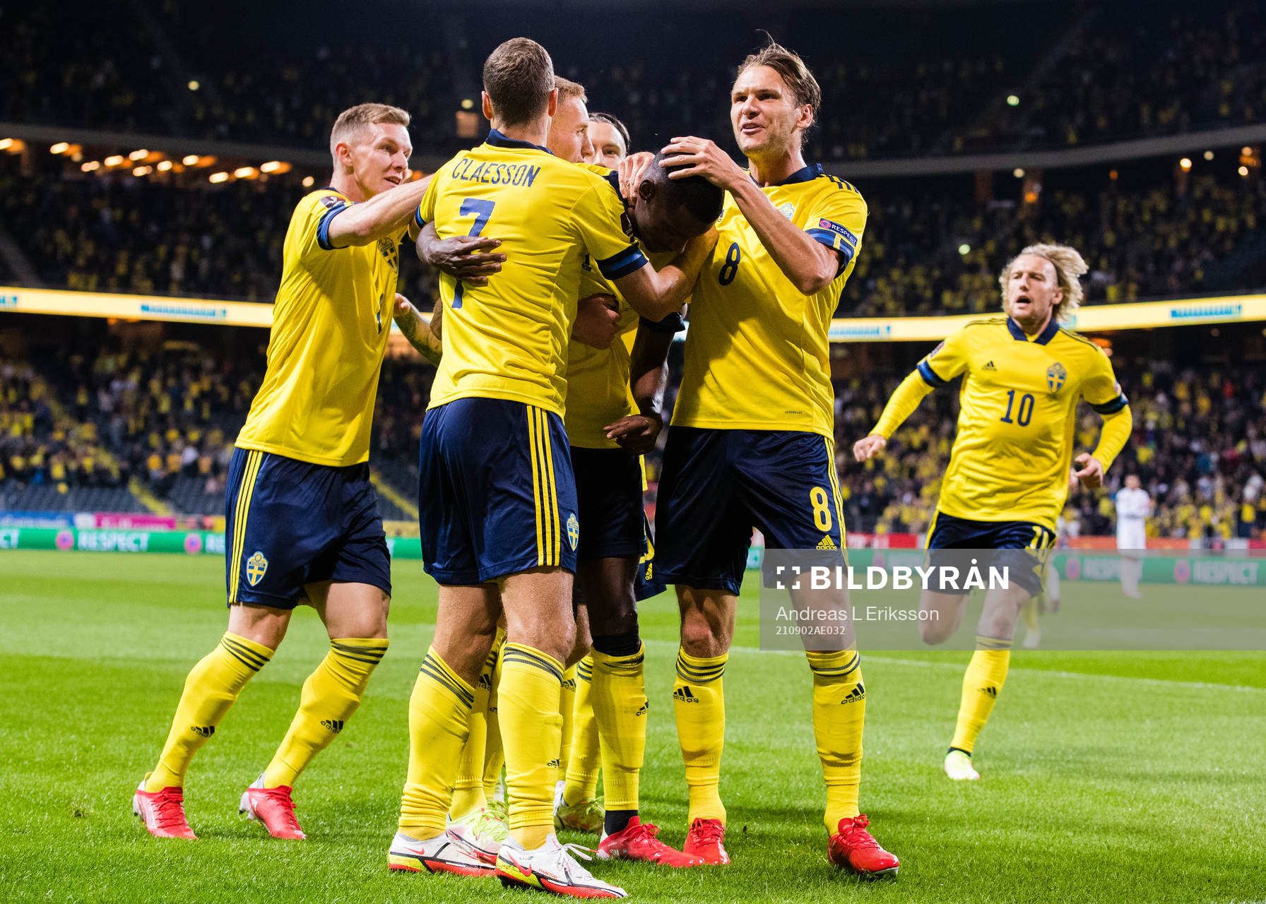 Alexander Isak of Sweden celebrates after scoring 1-1 during the FIFA World Cup Qualifier football match between Sweden and Spain on September 2, 2021 in Stockholm. 
