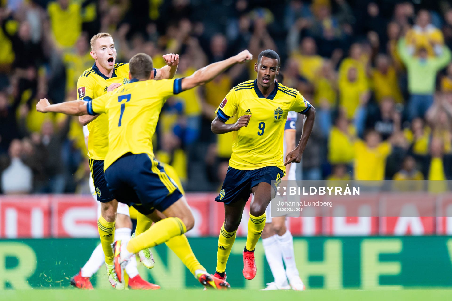 Alexander Isak of Sweden celebrate after scoring 1-1 during the FIFA World Cup Qualifier football match between Sweden and Spain on September 2, 2021 in Stockholm.