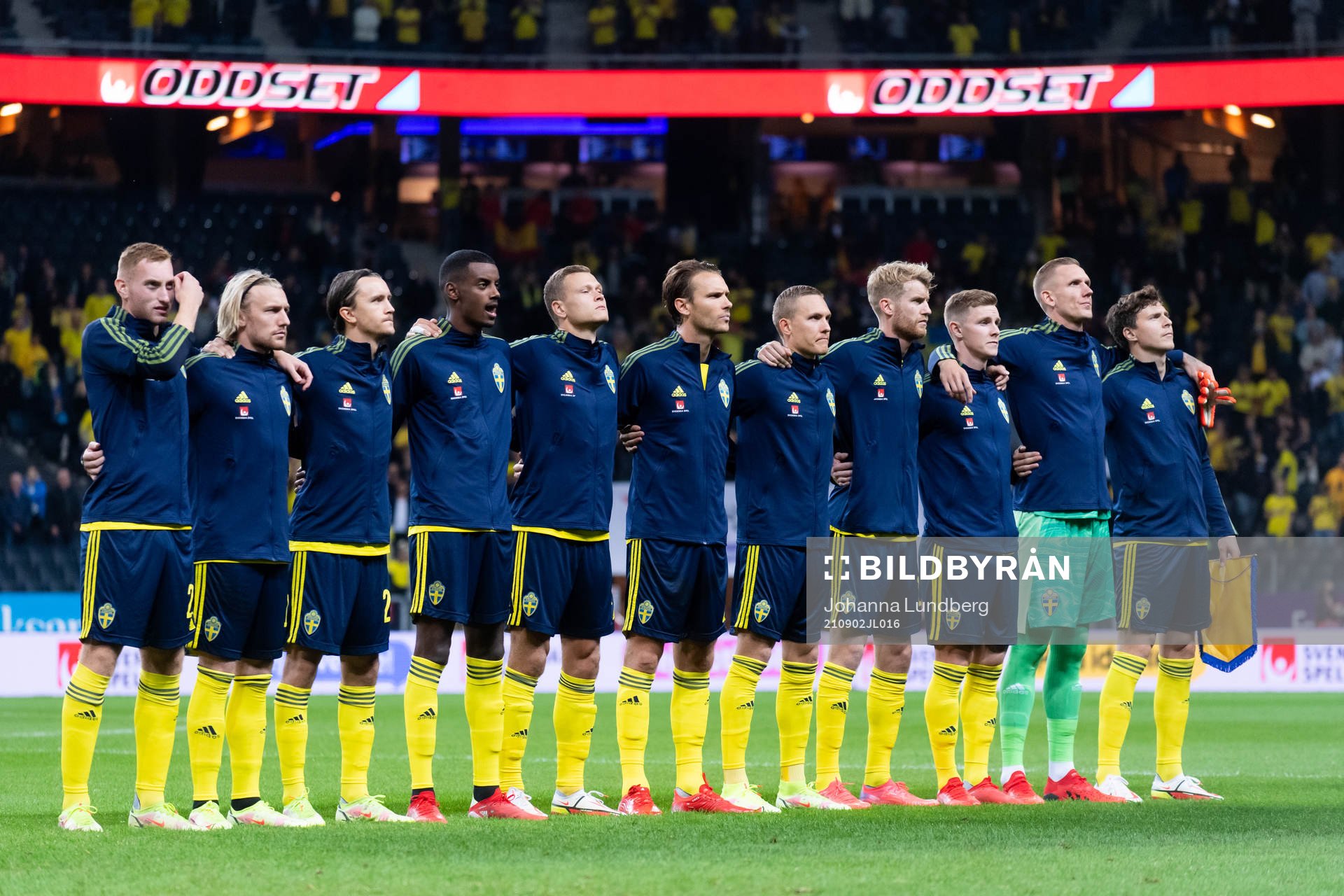 The Swedish players at lineup ahead of the FIFA World Cup Qualifier football match between Sweden and Spain on September 2, 2021 in Stockholm.