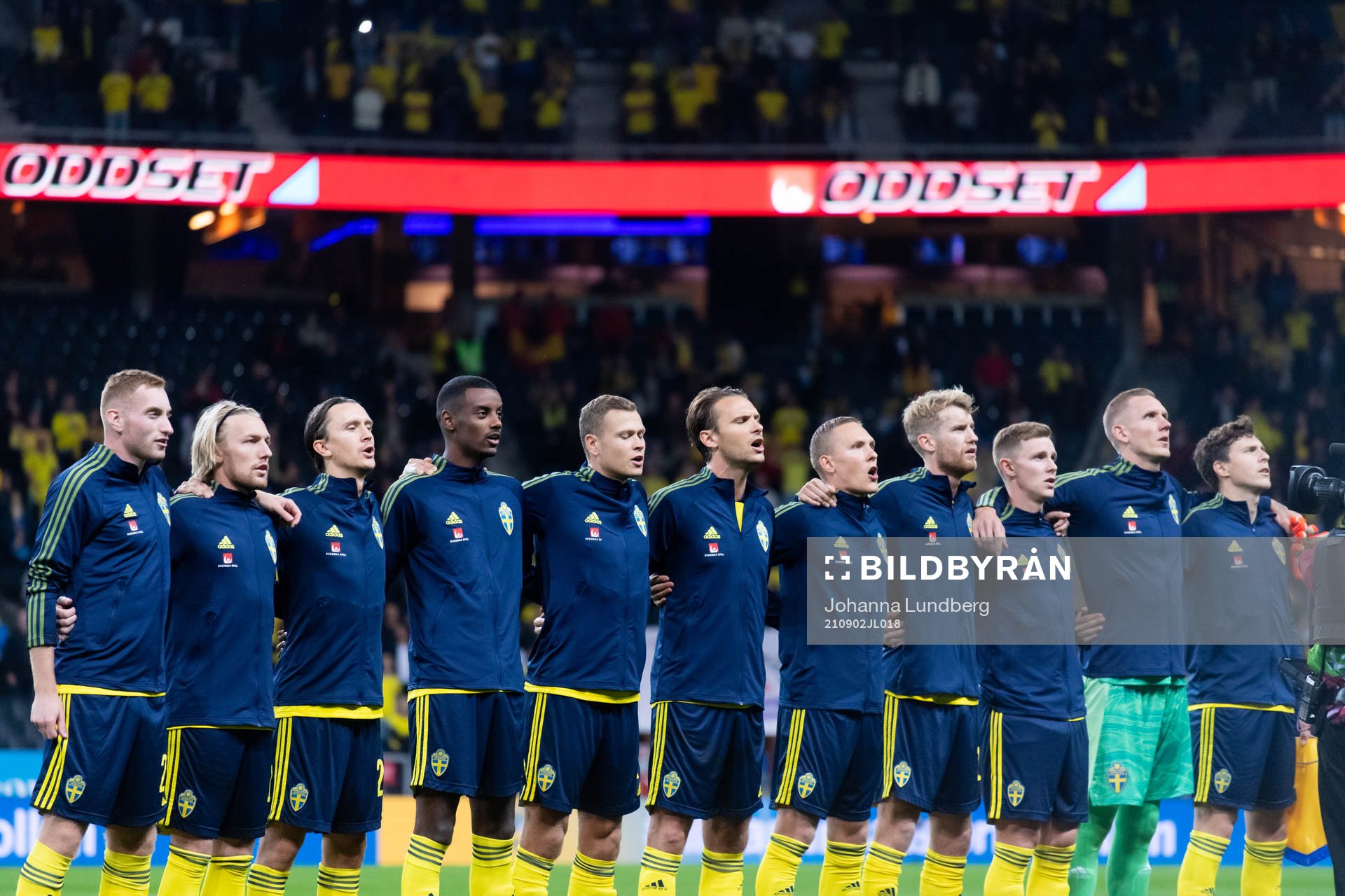 The Swedish players at lineup ahead of the FIFA World Cup Qualifier football match between Sweden and Spain on September 2, 2021 in Stockholm.