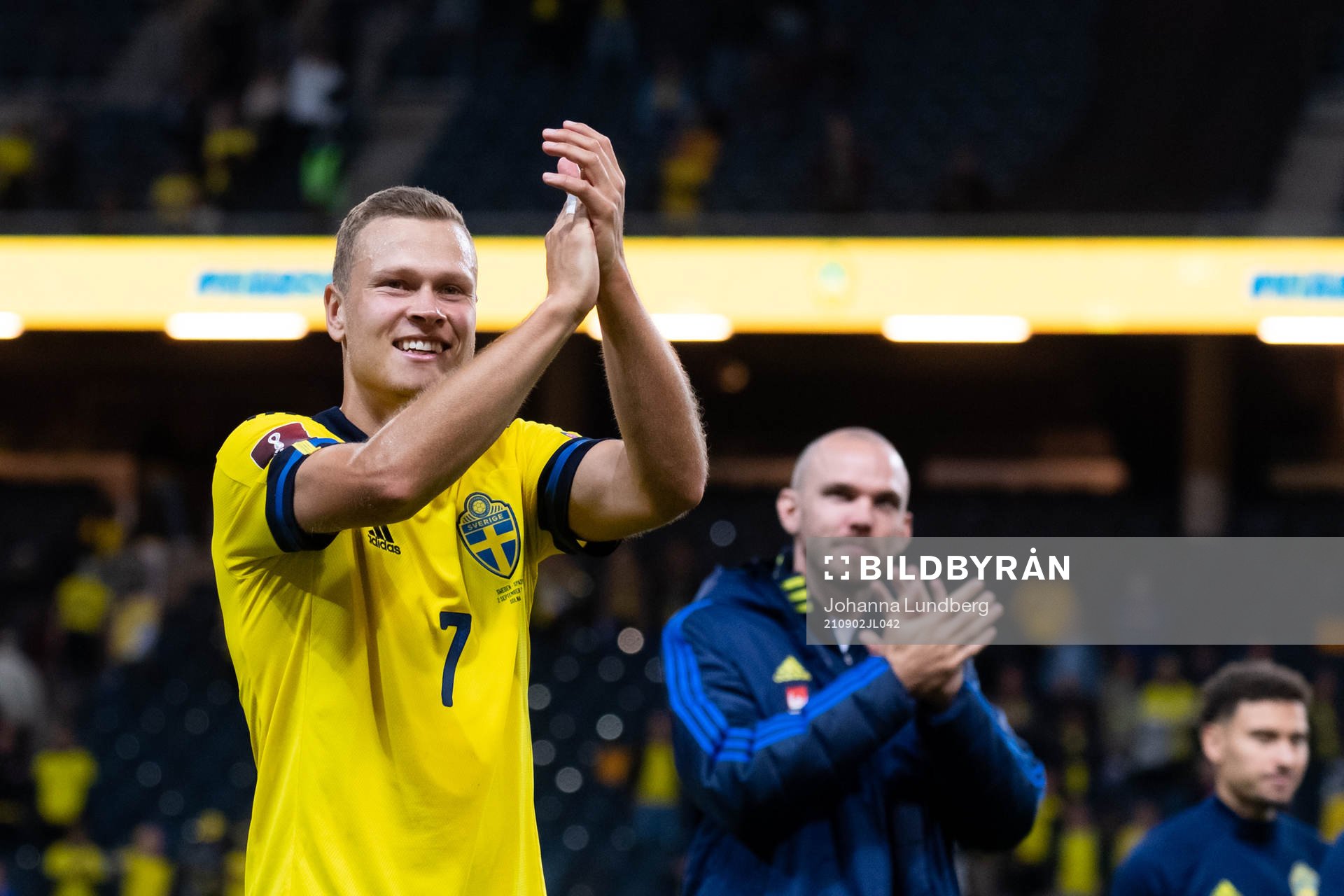 Viktor Claesson of Sweden celebrates after the FIFA World Cup Qualifier football match between Sweden and Spain on September 2, 2021 in Stockholm. 