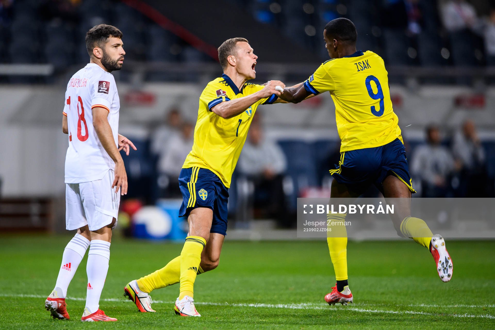 Alexander Isak (r) celebrate with Viktor Claesson of Sweden