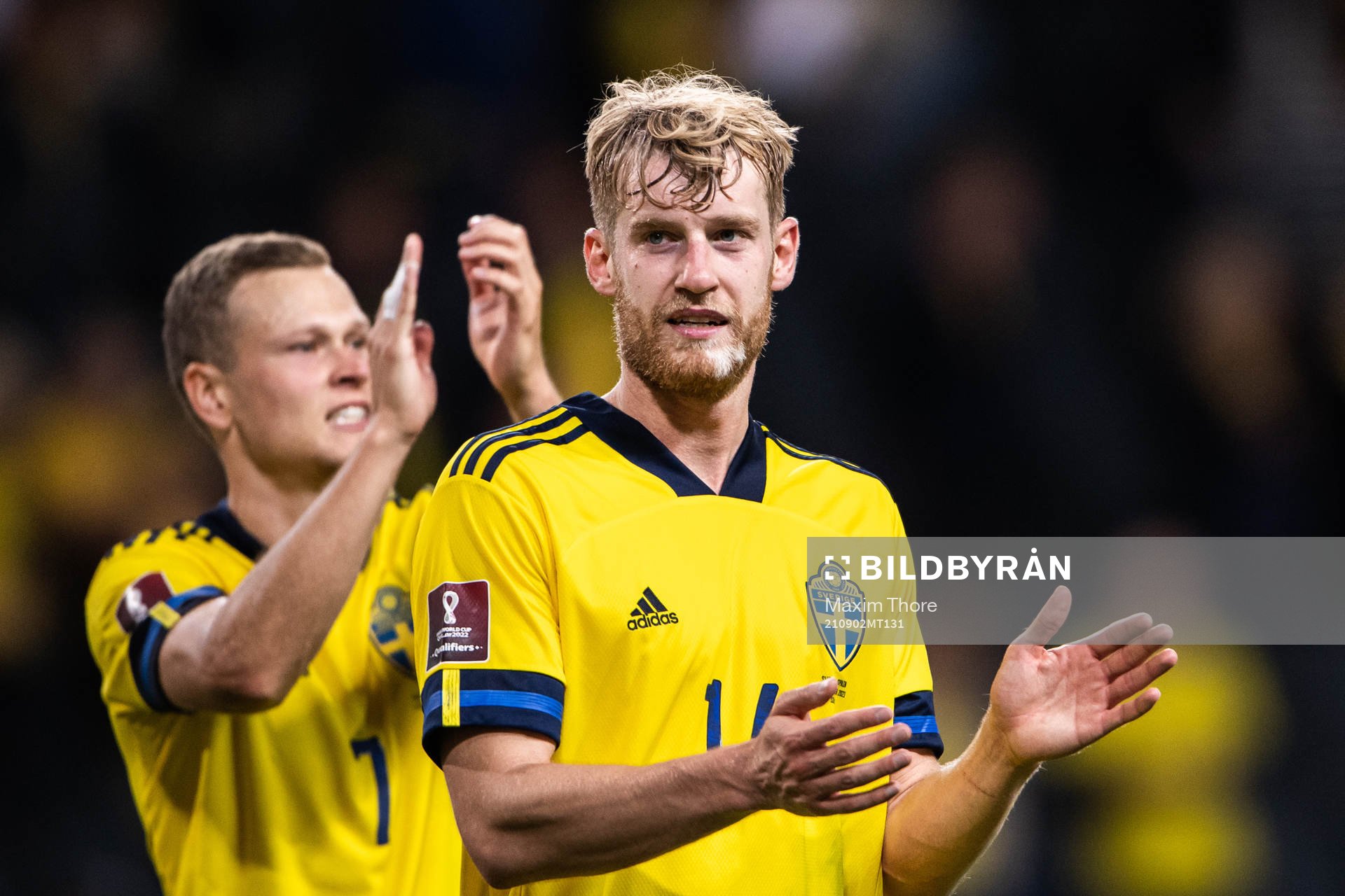 Filip Helander of Sweden celebrates after the FIFA World Cup Qualifier football match between Sweden and Spain on September 2, 2021 in Stockholm.