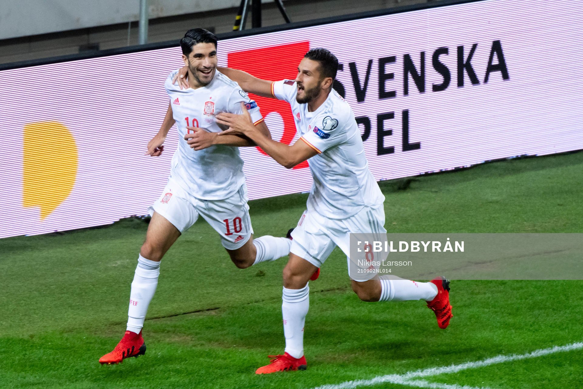 of Spain Carlos Soler and Koke celebrate the 0-1 goal