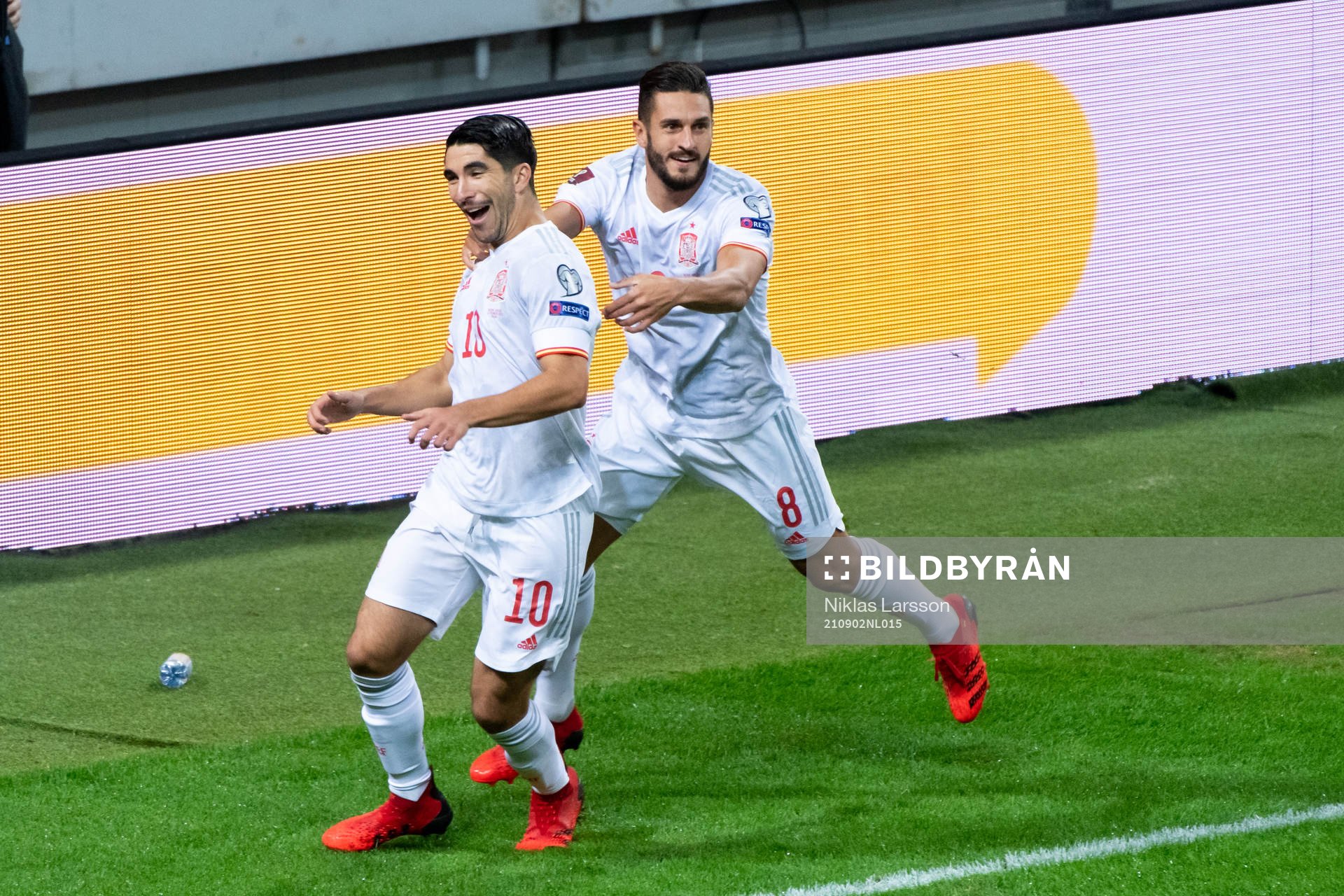 of Spain Carlos Soler and Koke celebrate the 0-1 goal