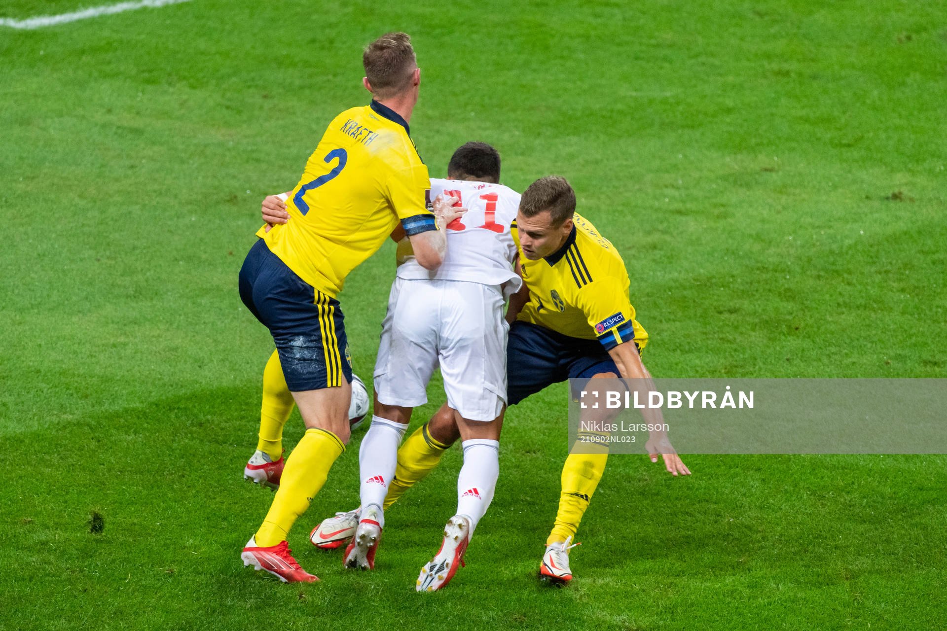 Emil Krafth and Viktor Claesson of Sweden against Ferran