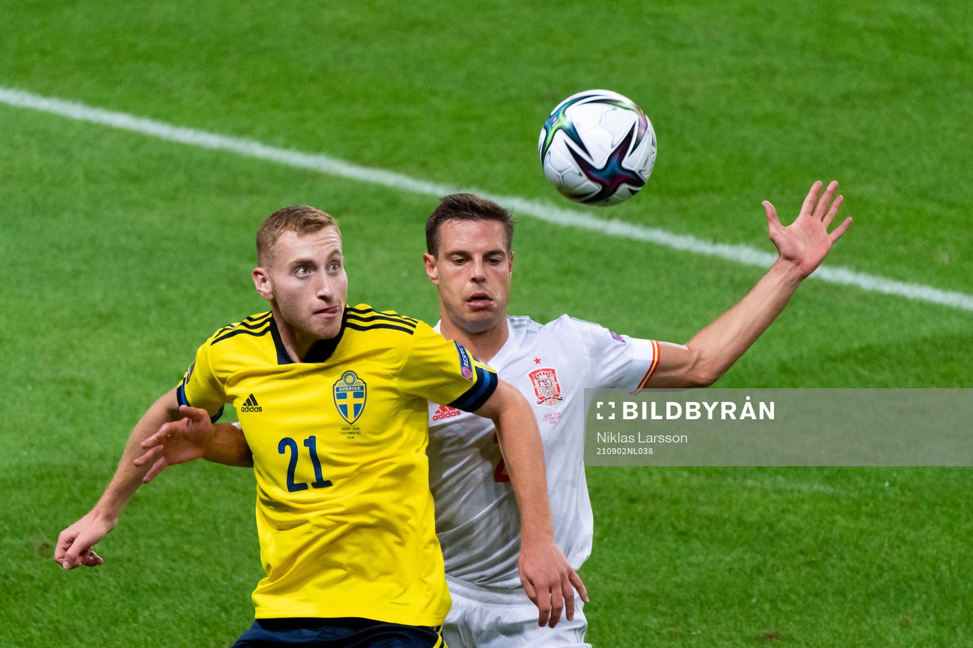 Dejan Kulusevski of Sweden and Cesar Azpilicueta of Spain