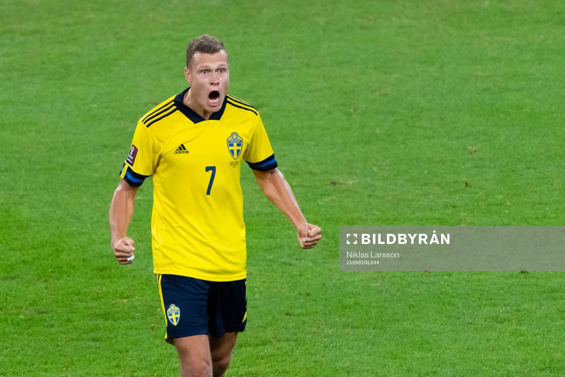 Viktor Claesson of Sweden celebrates after the FIFA World Cup Qualifier football match between Sweden and Spain on September 2, 2021 in Stockholm.