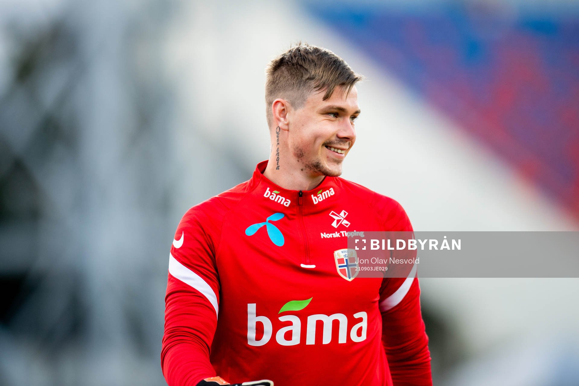 Goalkeeper Per Kristian Bråtveit of the Norwegian national football team during a training session on September 3, 2021 in Riga.