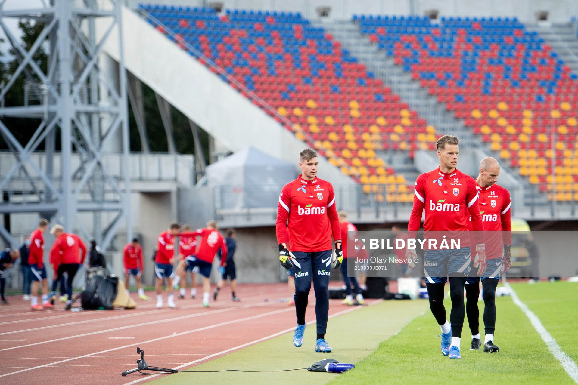 Goalkeeper Per Kristian Bråtveit, goalkeeper Ørjan Håskjold Nyland and goalkeeper André Hansen of the Norwegian national football team during a training session on September 3, 2021 in Riga.