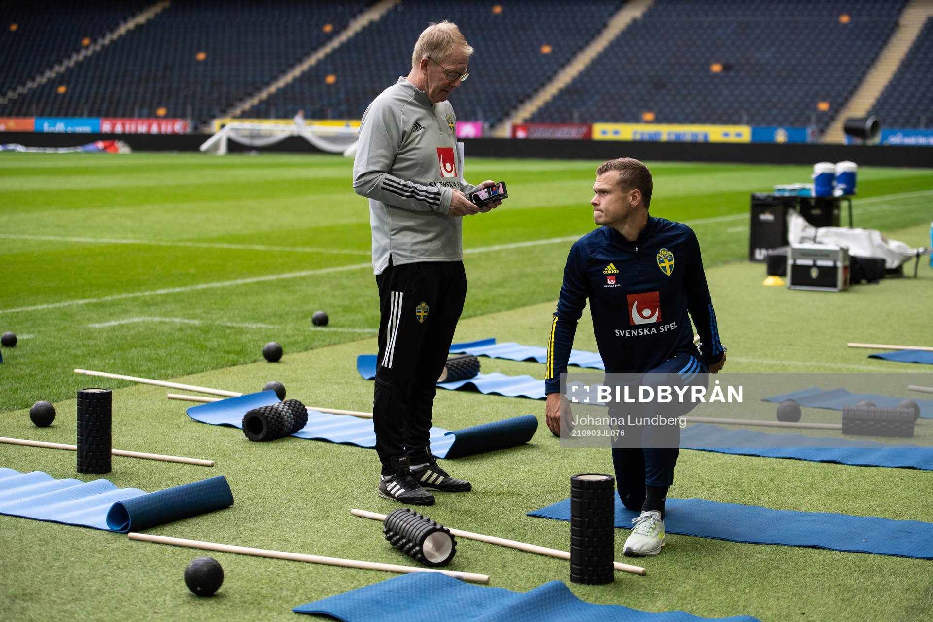 Scout Lasse Jacobsson and Viktor Claesson of the Swedish national team during a training session on September 3, 2021 in Stockholm. 
