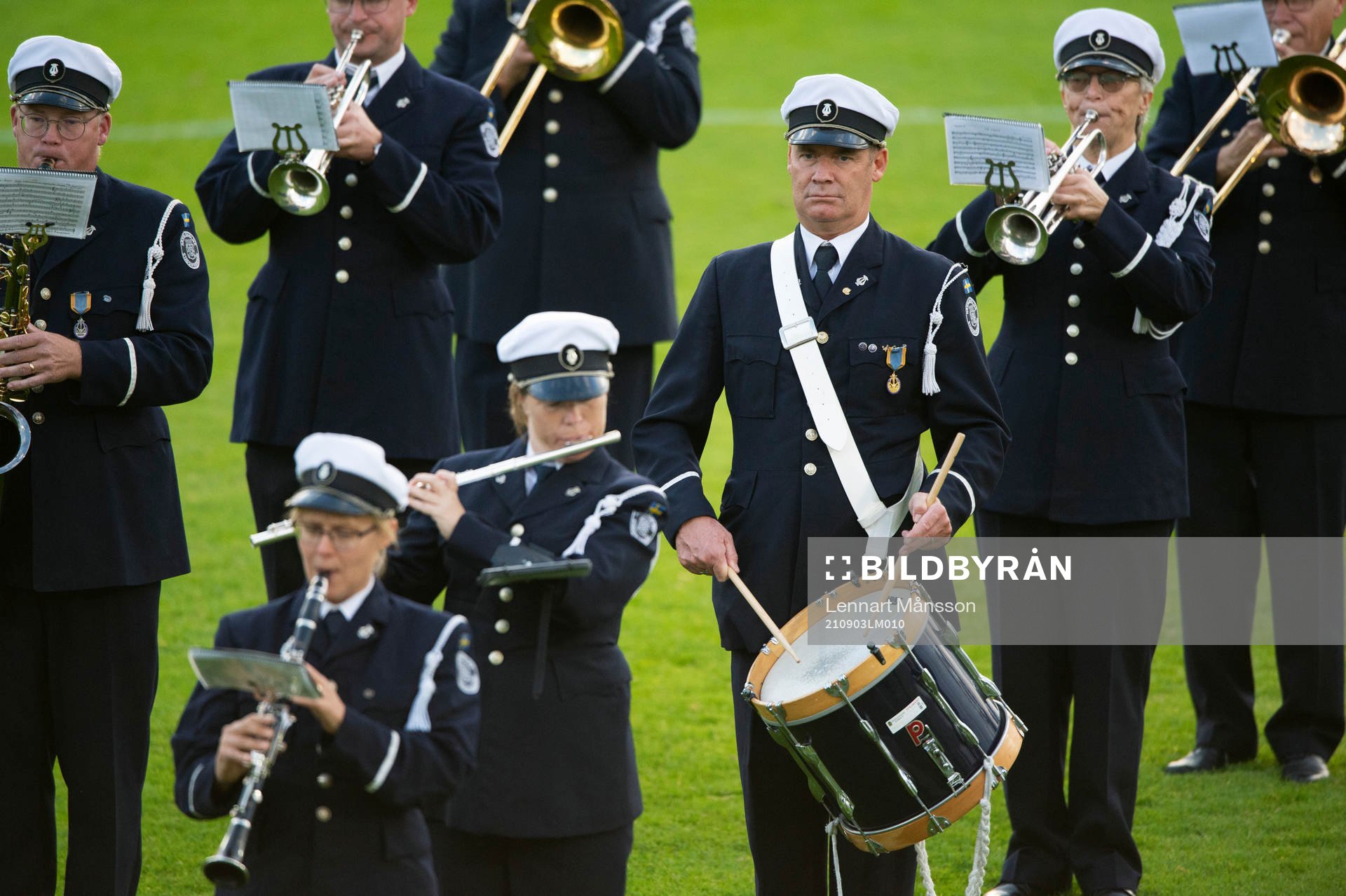 Hässleholms musikkår underhöll  i matchen i division 2 mellan iFK Hässleholm och Hässleholms IF i Hässleholm 3 september 2021.