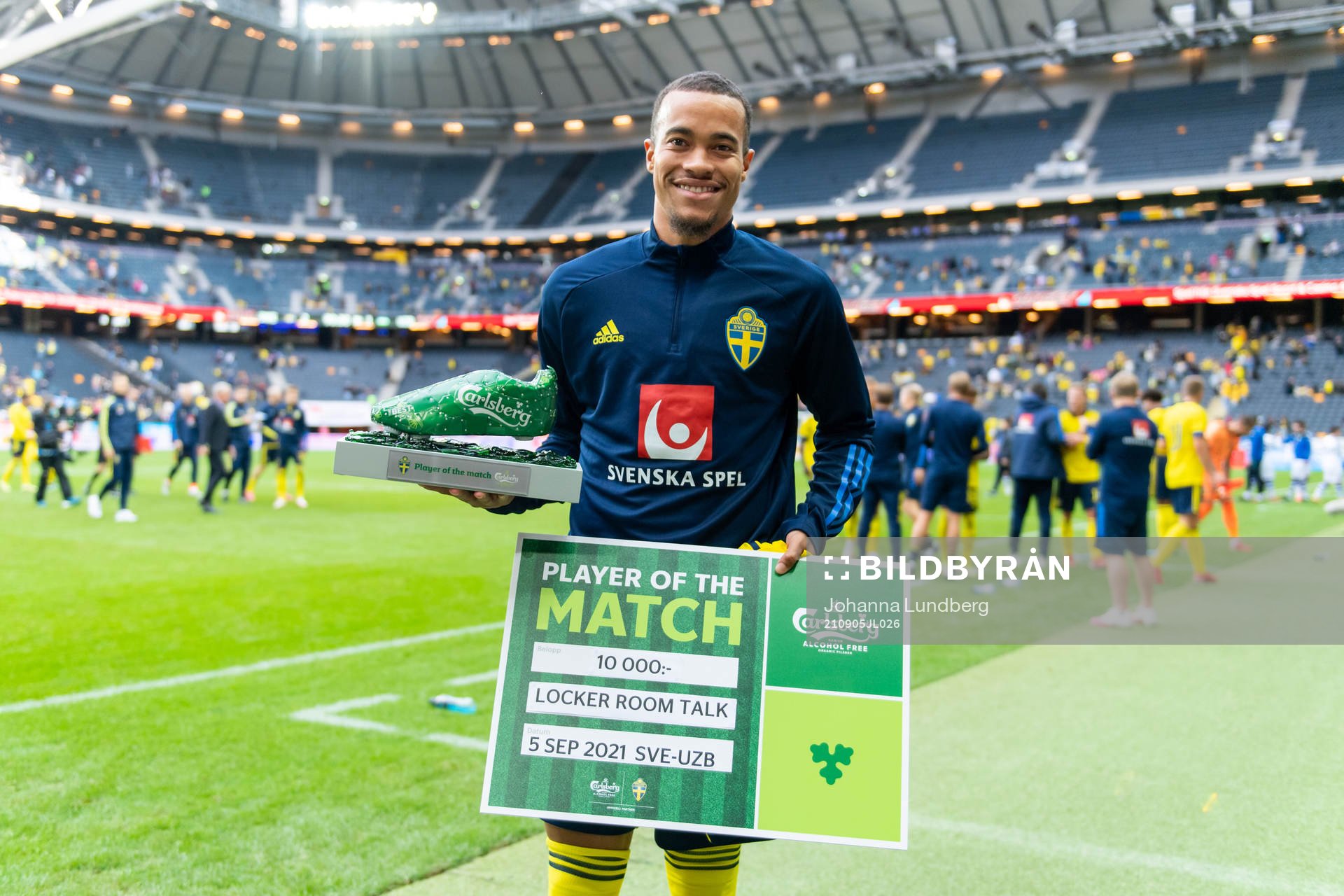 Robin Quaison of Sweden is awarded player of the match