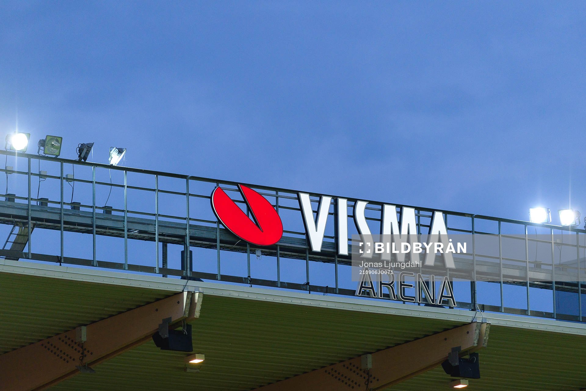Skylt med Visma arena under fotbollsmatchen i Superettan mellan Öster och Västerås SK den 6 september 2021 i Växjö. 