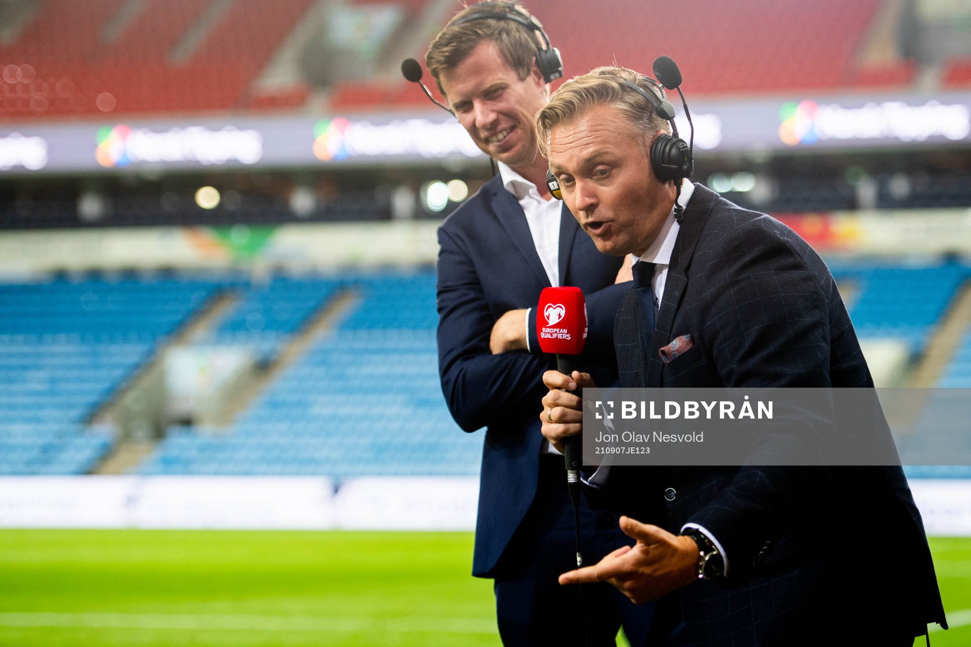 Jesper Mathisen and Jon Hartvig Børrestad, reporters of TV 2, after the FIFA World Cup Qualifier football match between Norway and Gibraltar on September 7, 2021 in Oslo.
