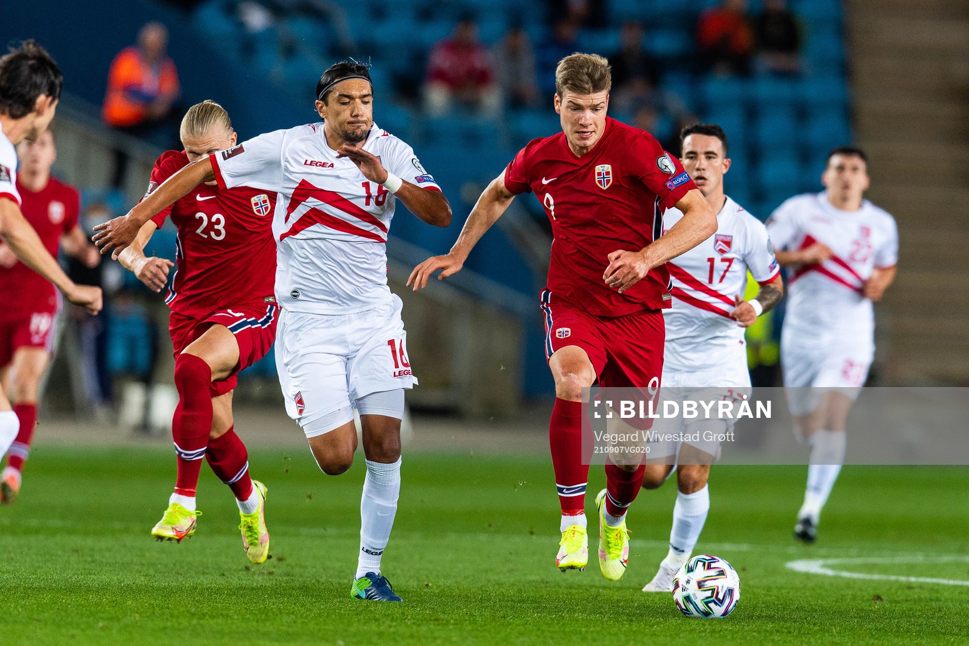 Aymen Mouelhi of Gibraltar and Alexander Sørloth of Norway