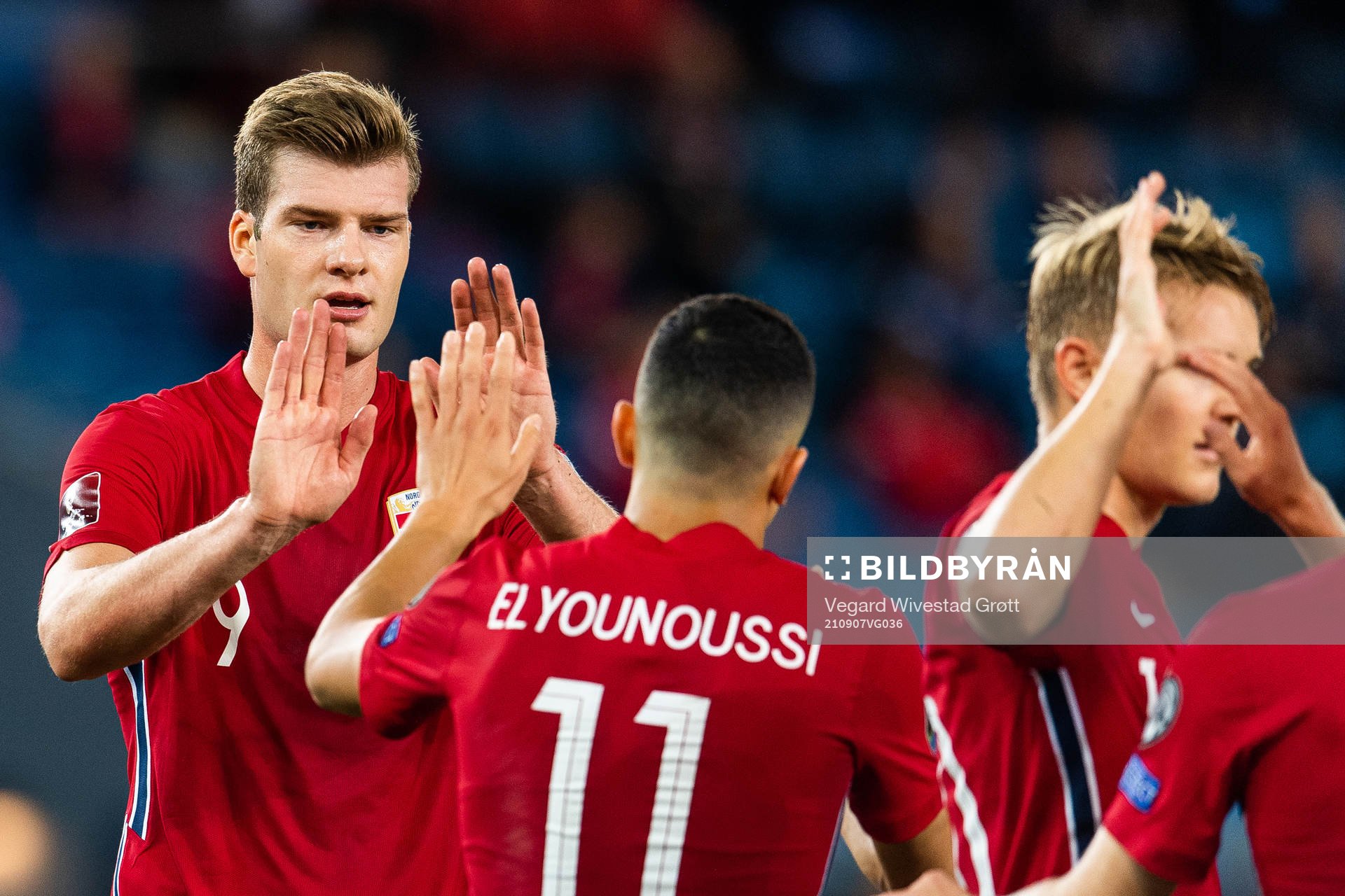 Alexander Sørloth and Mohamed Elyounoussi of Norway