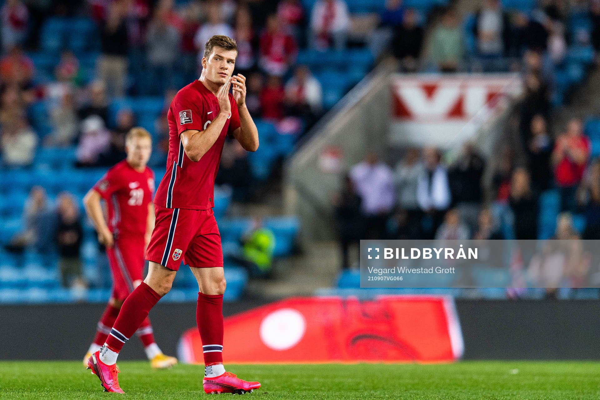 Alexander Sørloth of Norway recognizes the audience