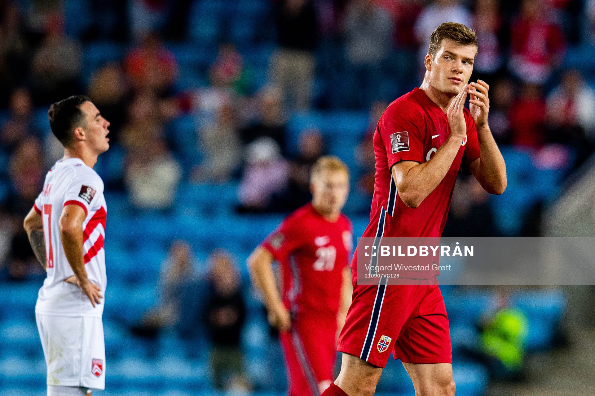 Alexander Sørloth of Norway recognizes the audience