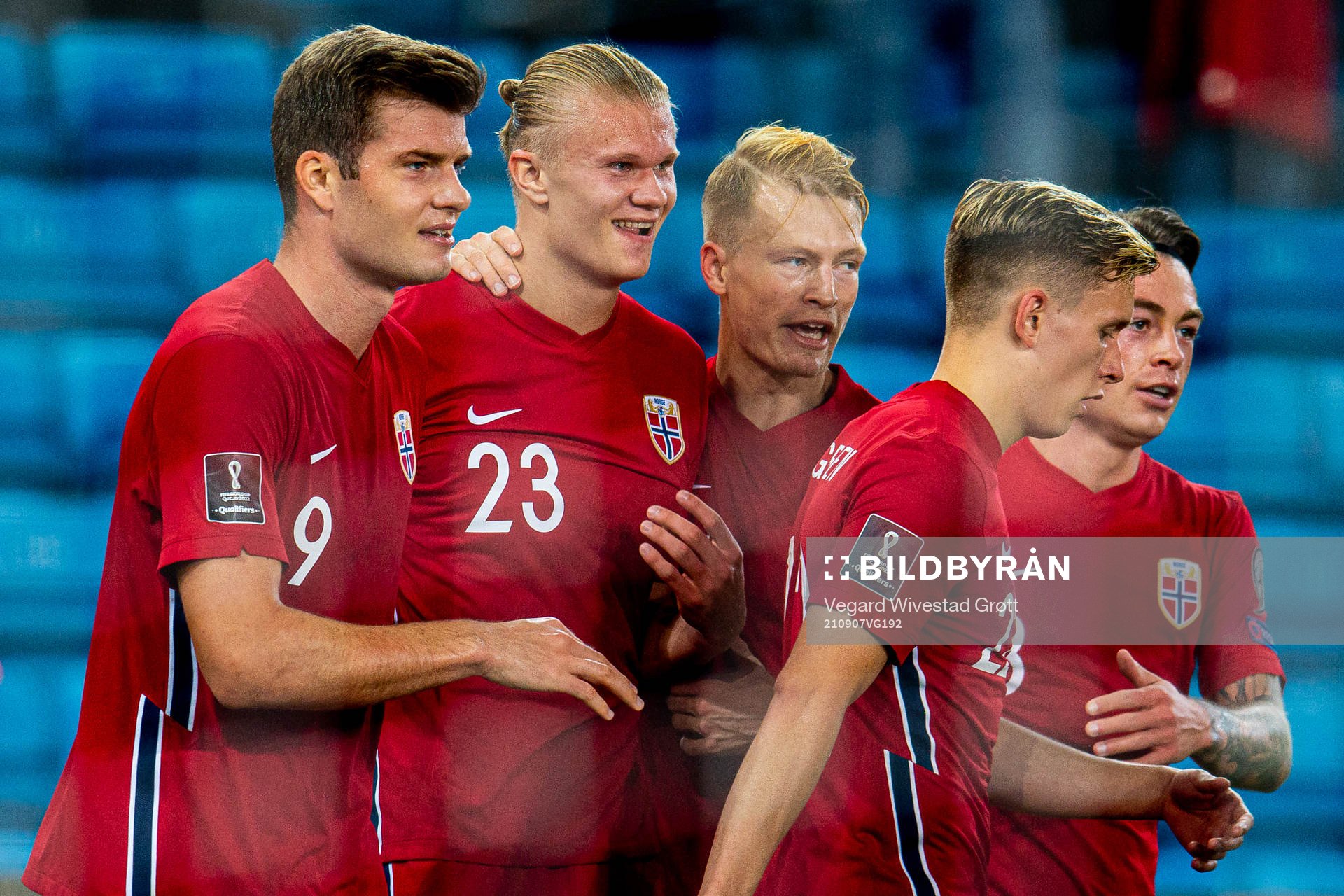 Erling Braut Haaland of Norway celebrates with teammates