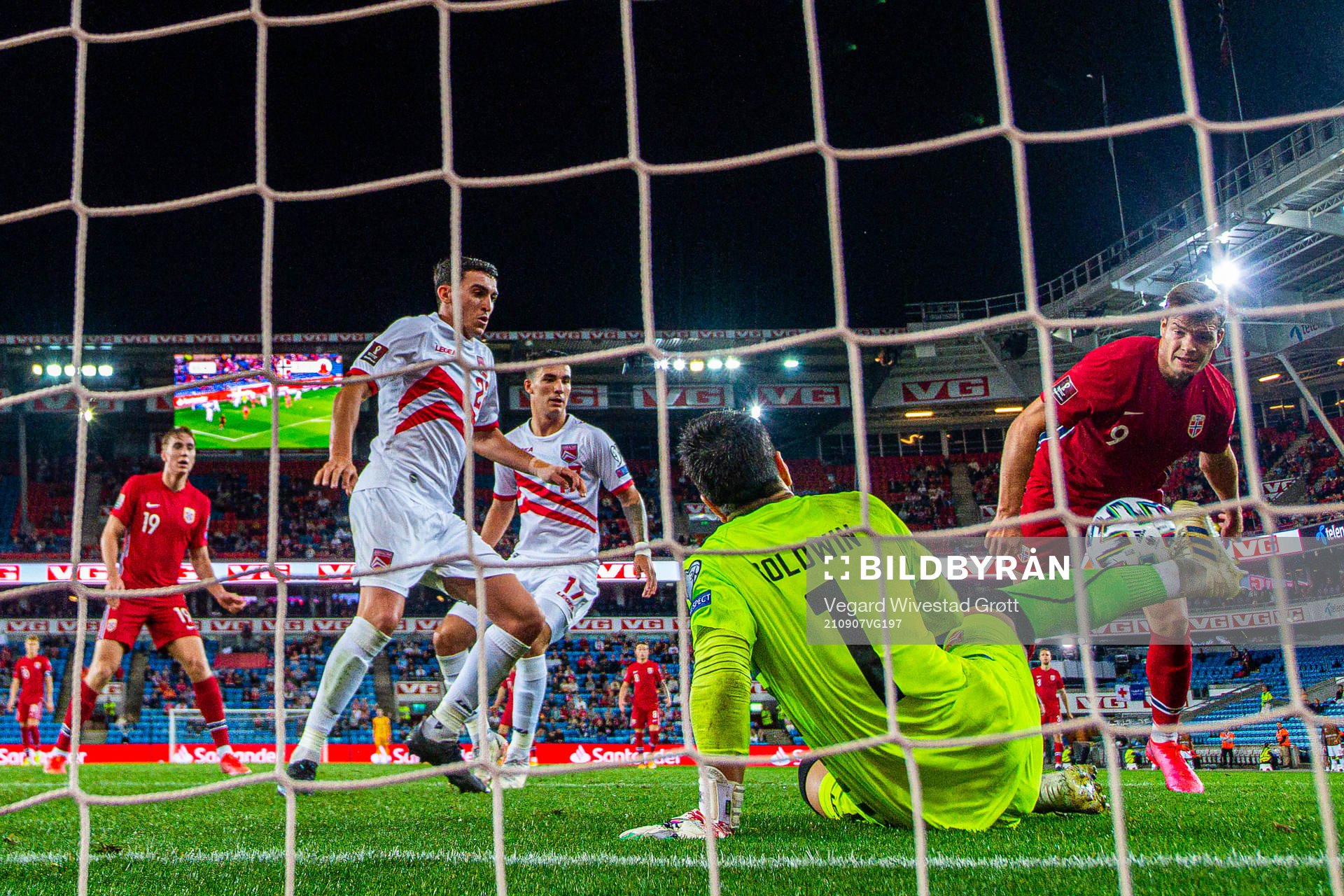 Alexander Sørloth of Norway sees his attempt being saved