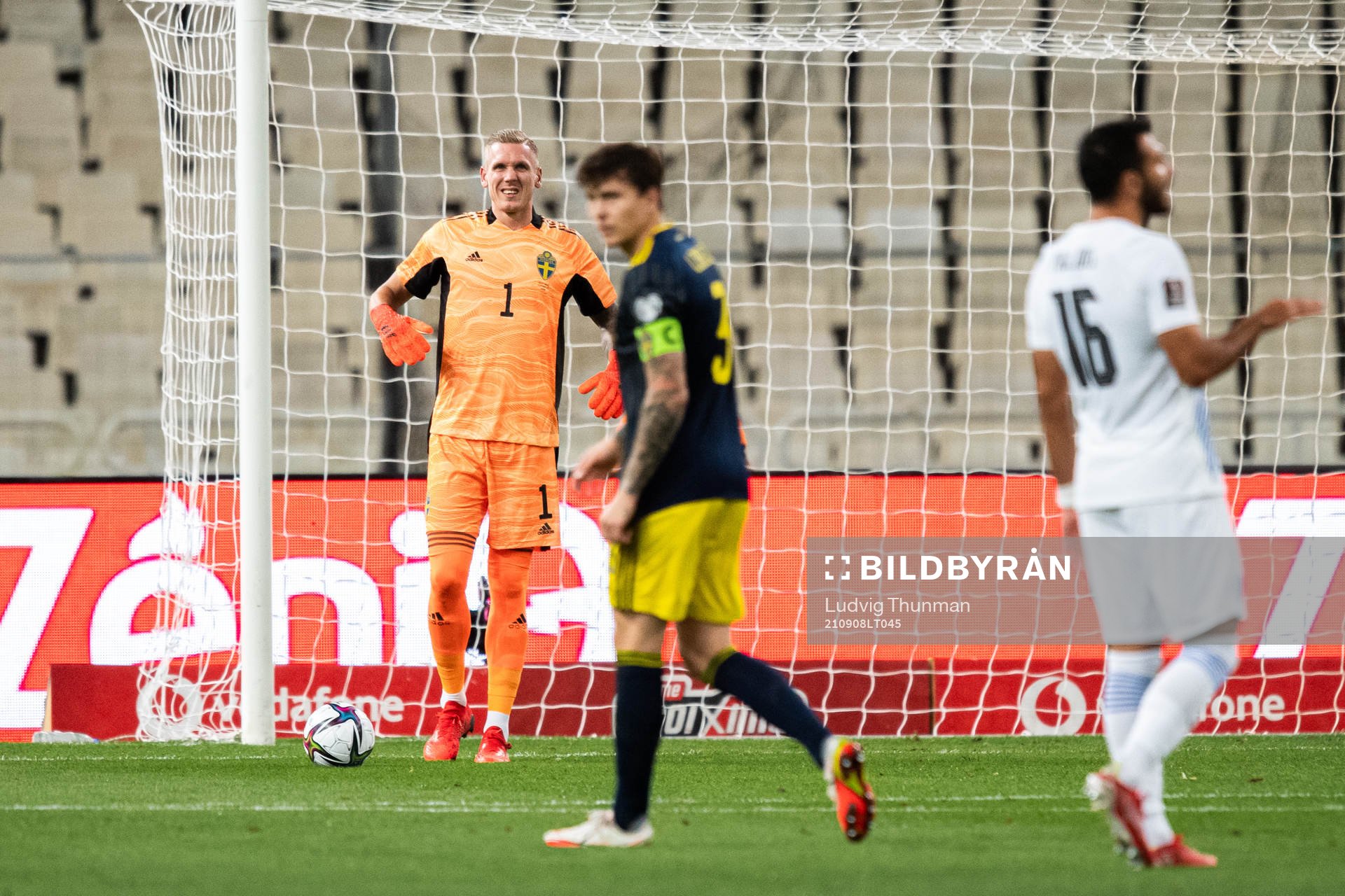 Goalkeeper Robin Olsen of Sweden in pain