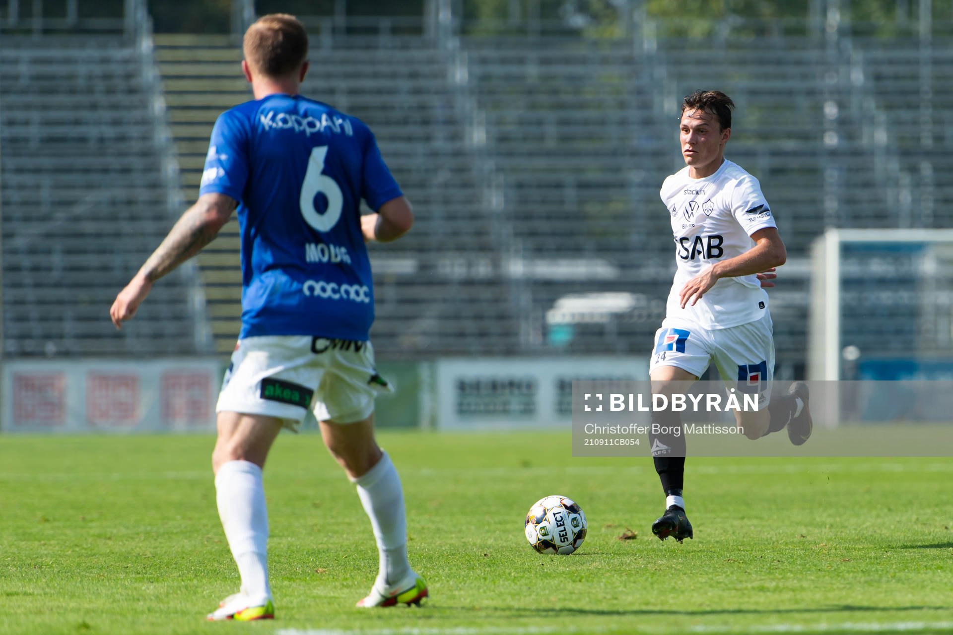 Brages Axel Sjöberg under fotbollsmatchen i Superettan mellan Trelleborg och Brage den 11 september 2021 i Trelleborg. 