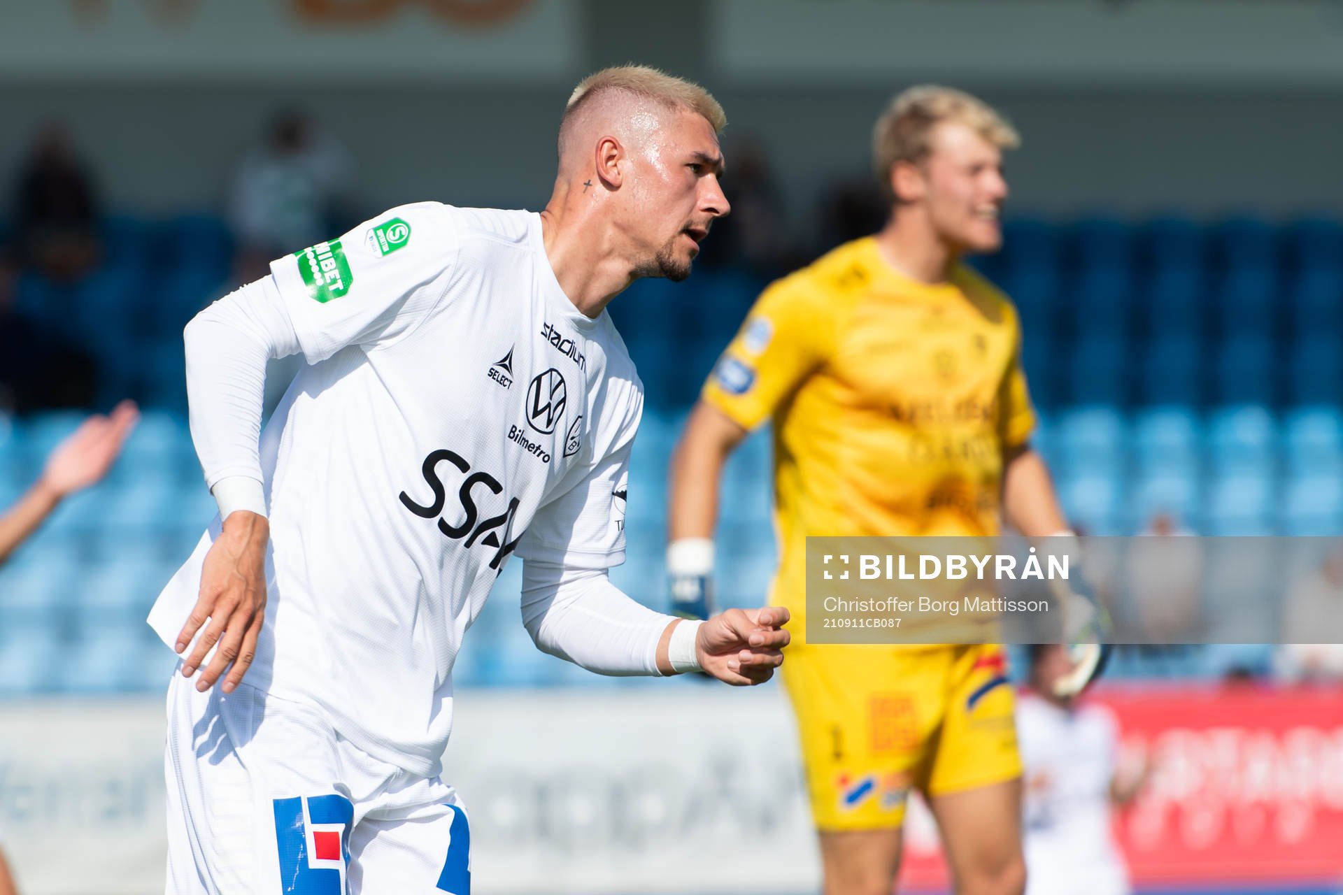 Brages André Reinholdsson under fotbollsmatchen i Superettan mellan Trelleborg och Brage den 11 september 2021 i Trelleborg. 