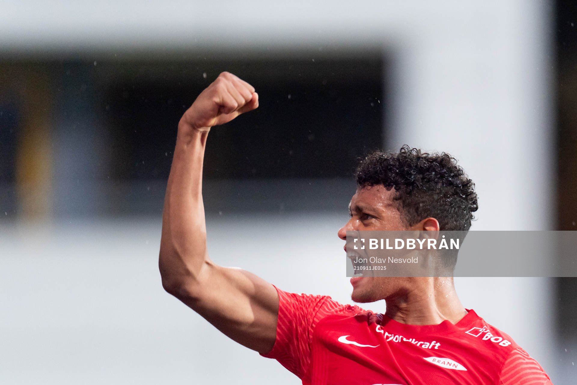 Japhet Sery Larsen of Brann celebrates after 1-2 during the Eliteserien match between Lillestrøm and Brann on September 11, 2021 in Lillestrøm.