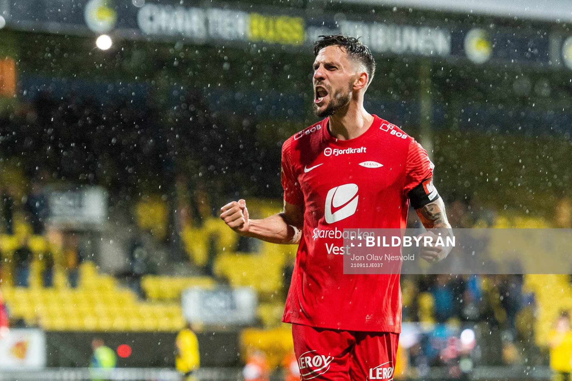 Daniel Alexander Pedersen of Brann celebrates after the Eliteserien match between Lillestrøm and Brann on September 11, 2021 in Lillestrøm.