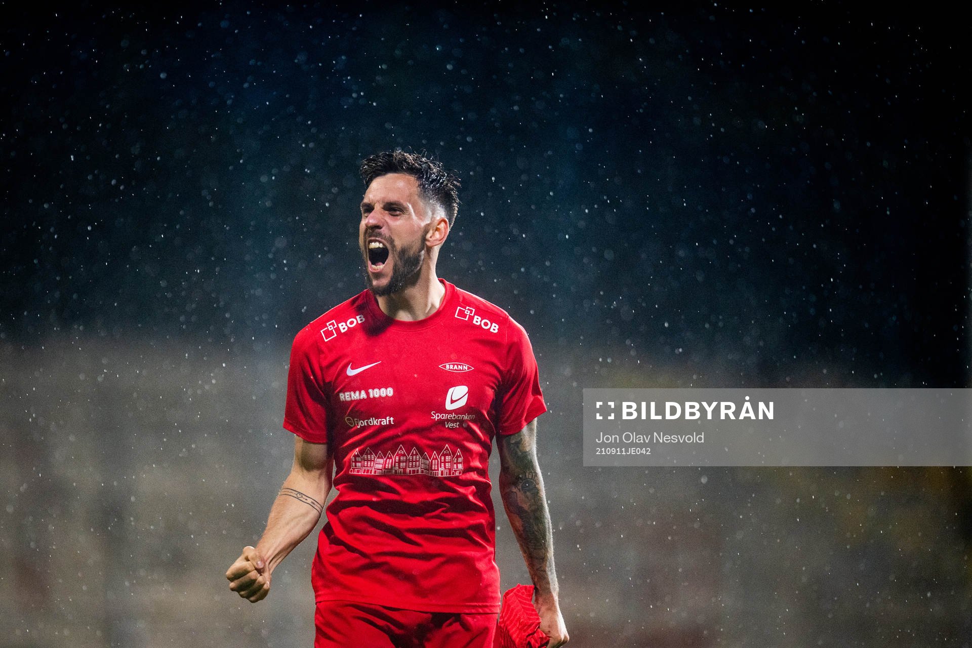 Daniel Alexander Pedersen of Brann celebrates after the Eliteserien match between Lillestrøm and Brann on September 11, 2021 in Lillestrøm.