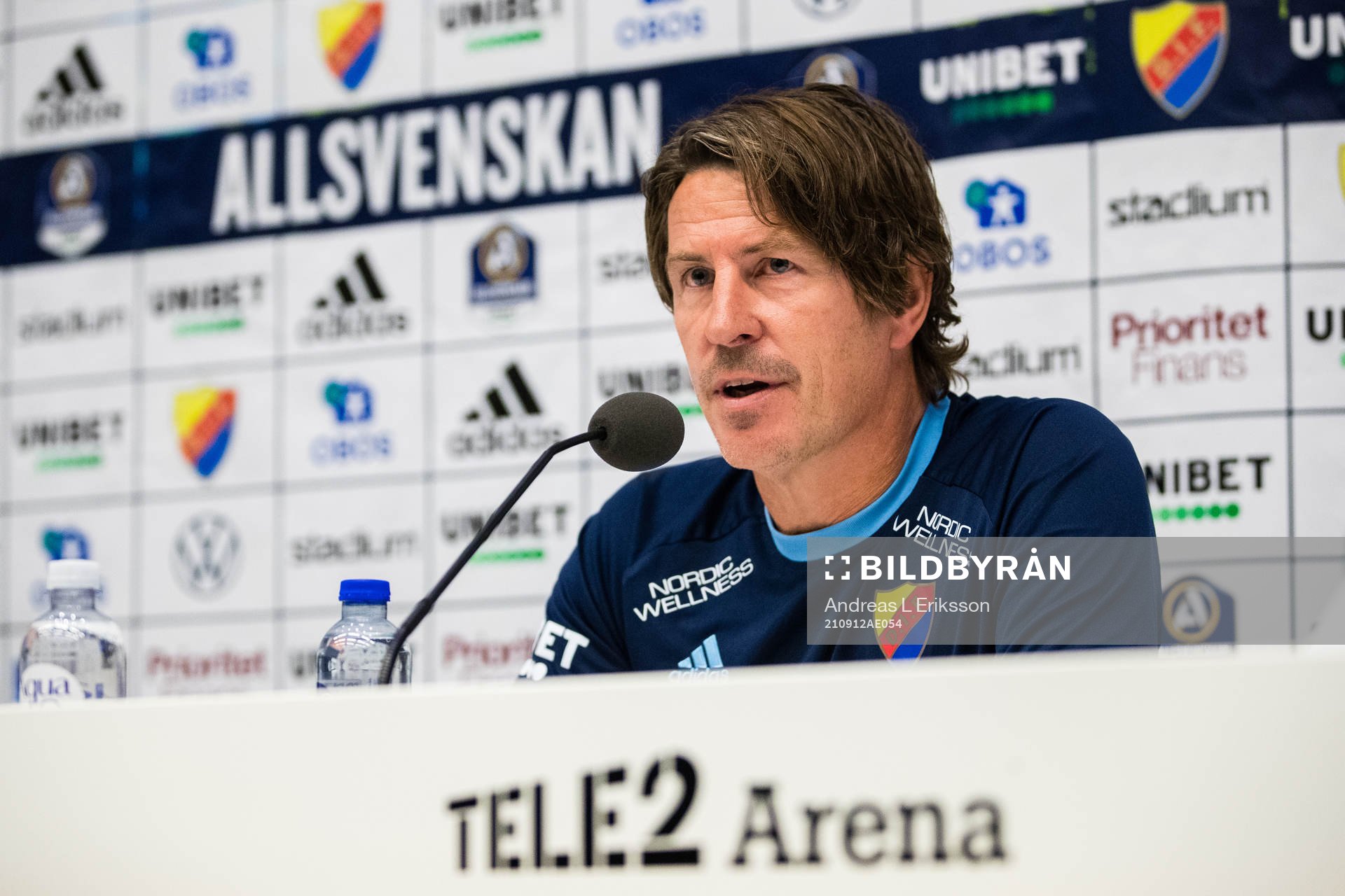 Djurgårdens tränare Thomas Lagerlöf under presskonferensen efter fotbollsmatchen i Allsvenskan mellan Djurgården och Hammarby den 12 september 2021 i Stockholm.